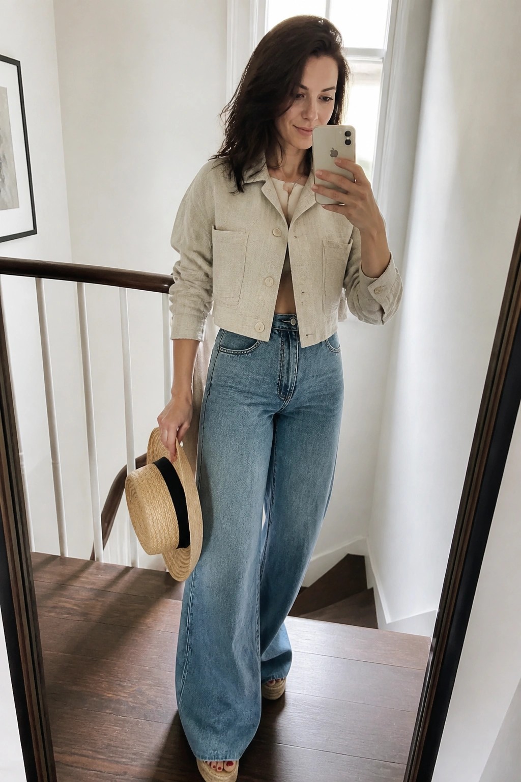 Woman in cropped beige jacket and wide-leg jeans taking mirror selfie holding straw hat