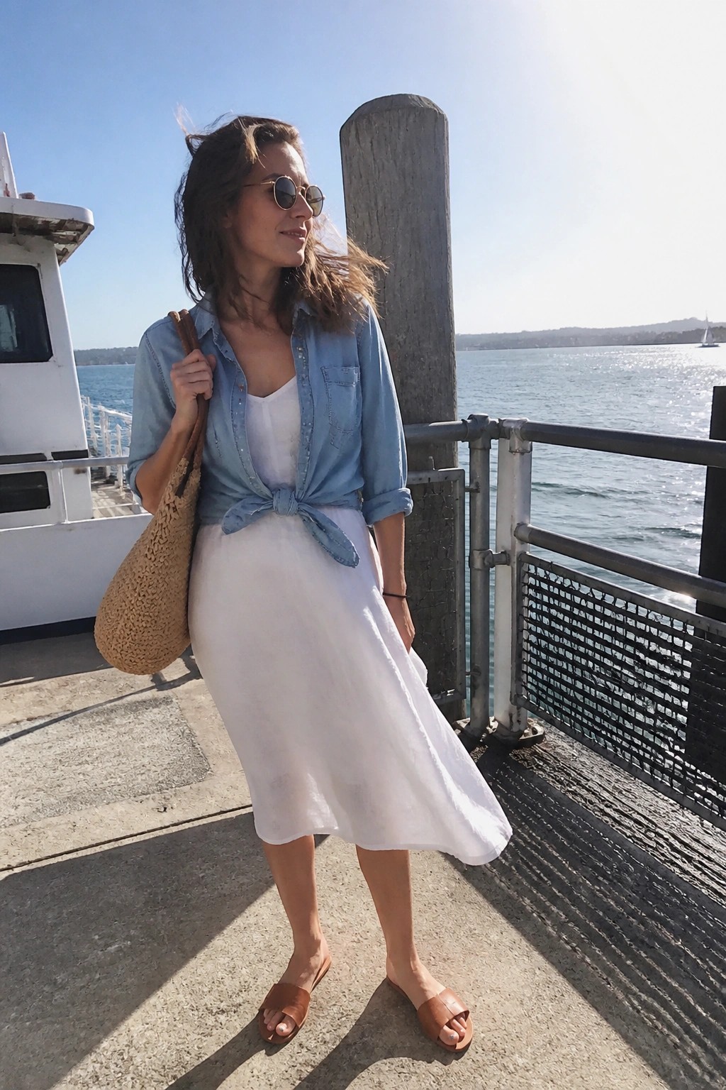 Woman in denim shirt tied over white skirt on sunny waterfront pier with straw bag