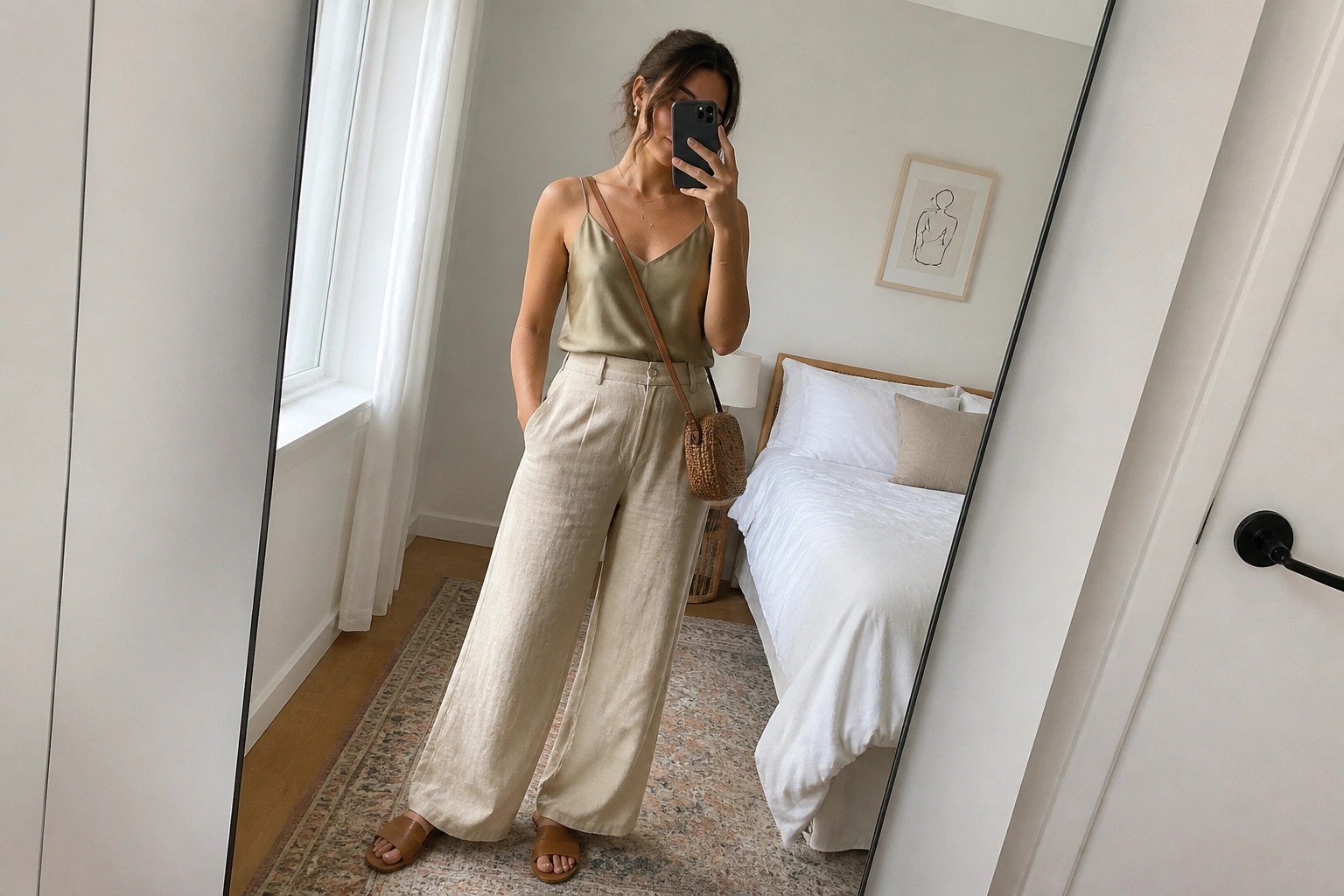 Woman in a cream camisole and white wide-leg linen pants with brown crossbody bag and slide sandals taking a mirror selfie indoors.