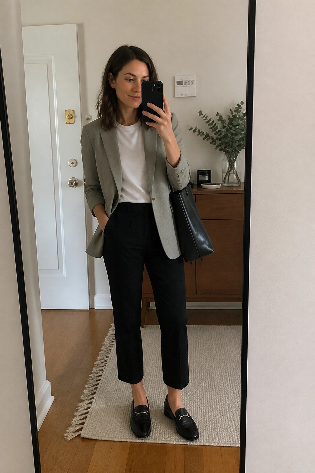 Woman in gray blazer and black pants taking mirror selfie with phone and bag.