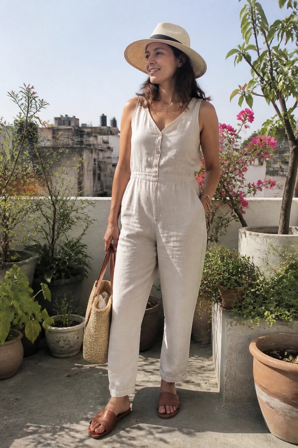 Woman in white linen jumpsuit and straw hat on sunny plant-filled rooftop terrace