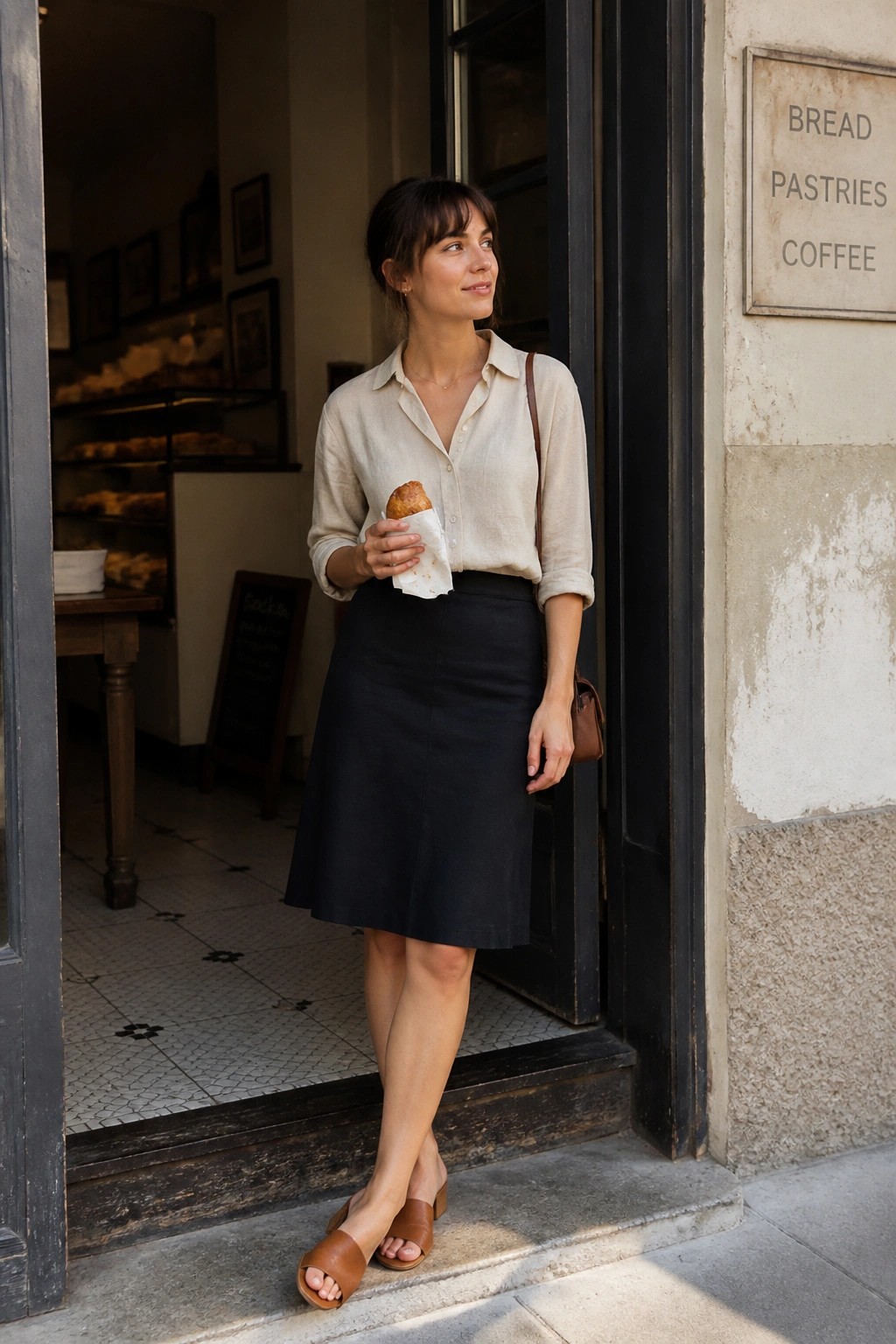 Woman in beige shirt and black skirt holding croissant at bakery doorway