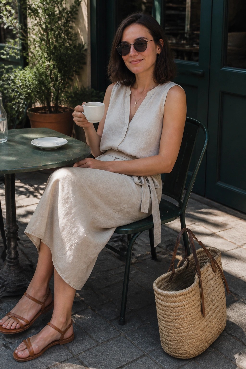 Woman in beige linen sleeveless wrap top and matching midi skirt with side tie, brown sandals, gold necklace, and sunglasses while holding a white coffee cup.