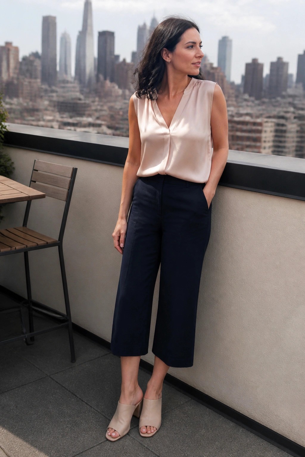 Woman wearing a light pink sleeveless satin V-neck blouse tucked into navy wide-leg cropped trousers and beige open-toe block heel mules.