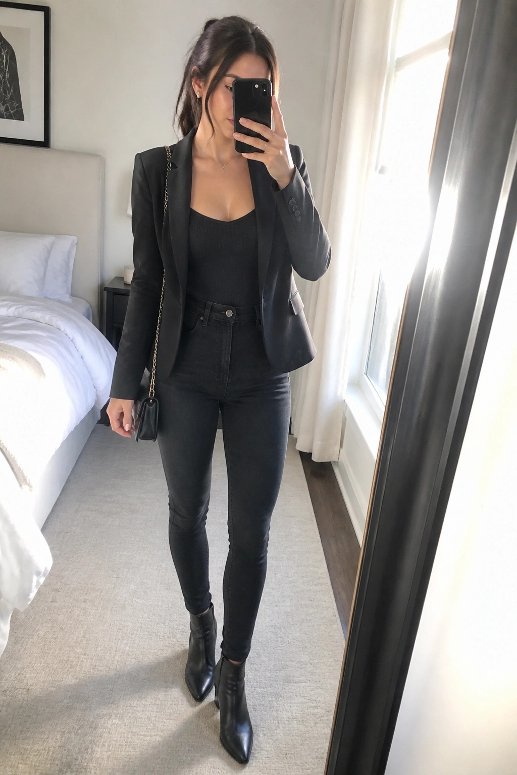 Woman in black blazer and jeans taking mirror selfie in bedroom.