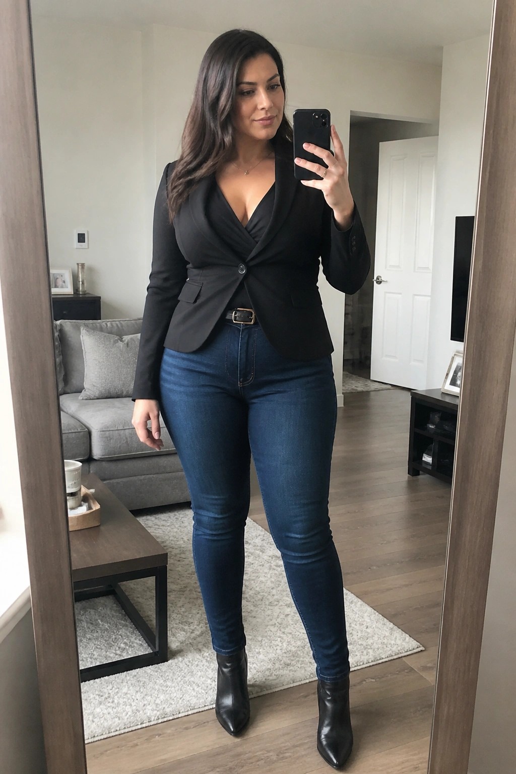 Woman in black blazer and blue jeans taking mirror selfie in living room