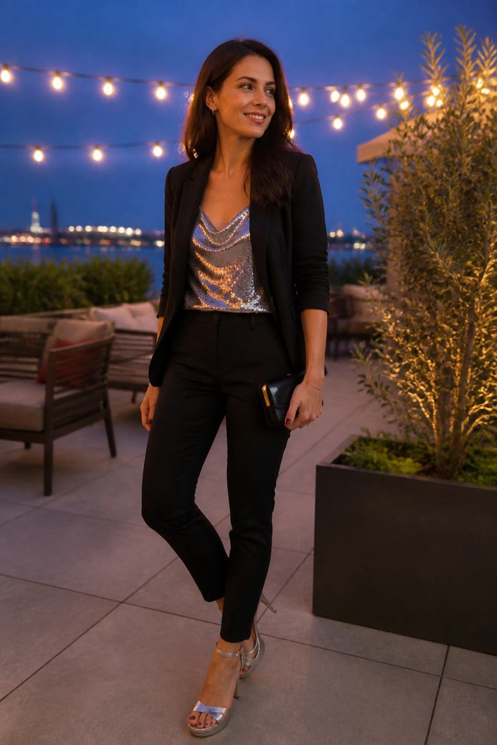 Woman in black blazer layered over silver sequin camisole with matching black pants silver strappy heels and small black clutch
