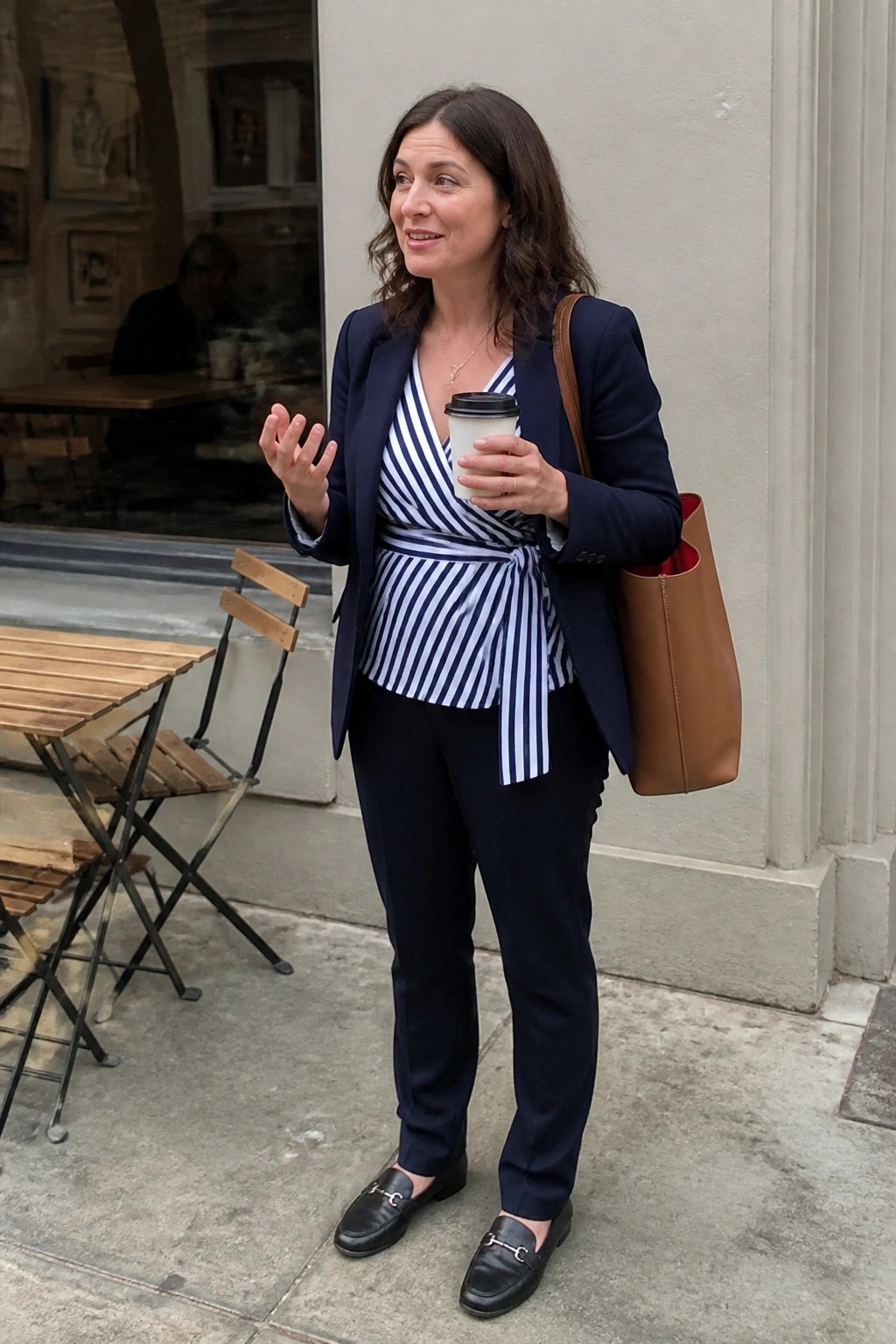 Woman in navy blazer and striped wrap top holding coffee outside cafe