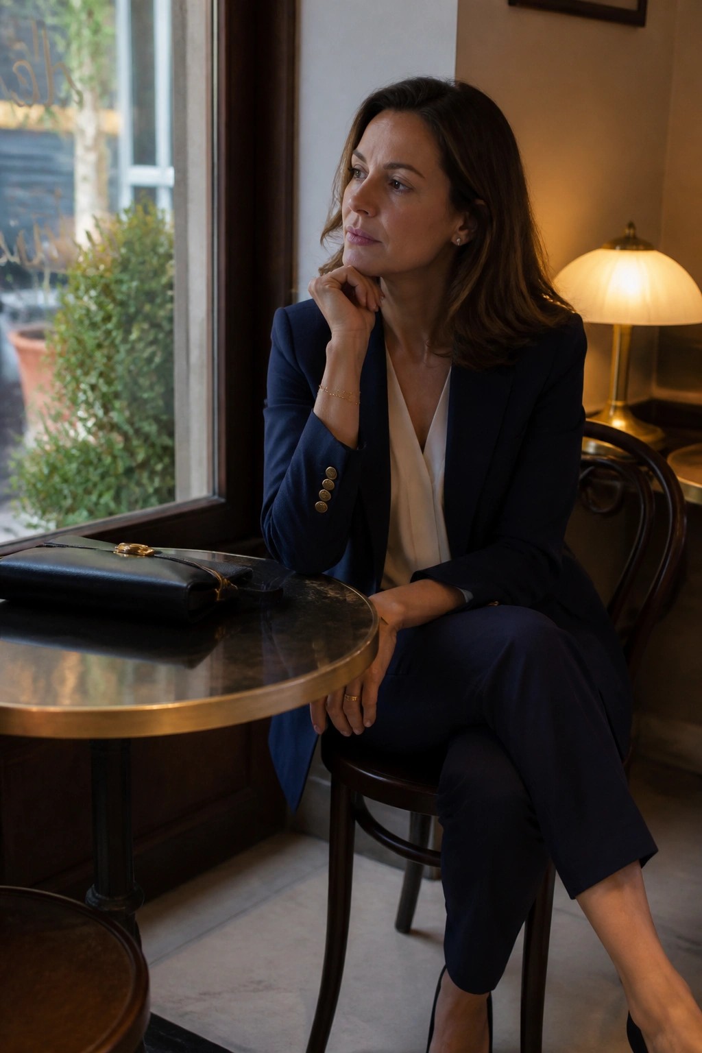 Woman in navy blazer seated at marble cafe table with black handbag, hand on chin.
