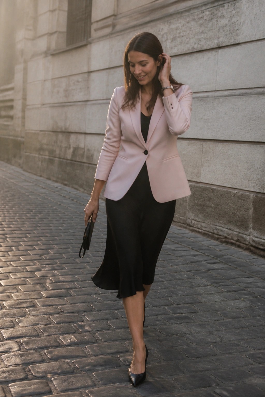 Woman in light pink blazer and black midi dress on cobblestone street.