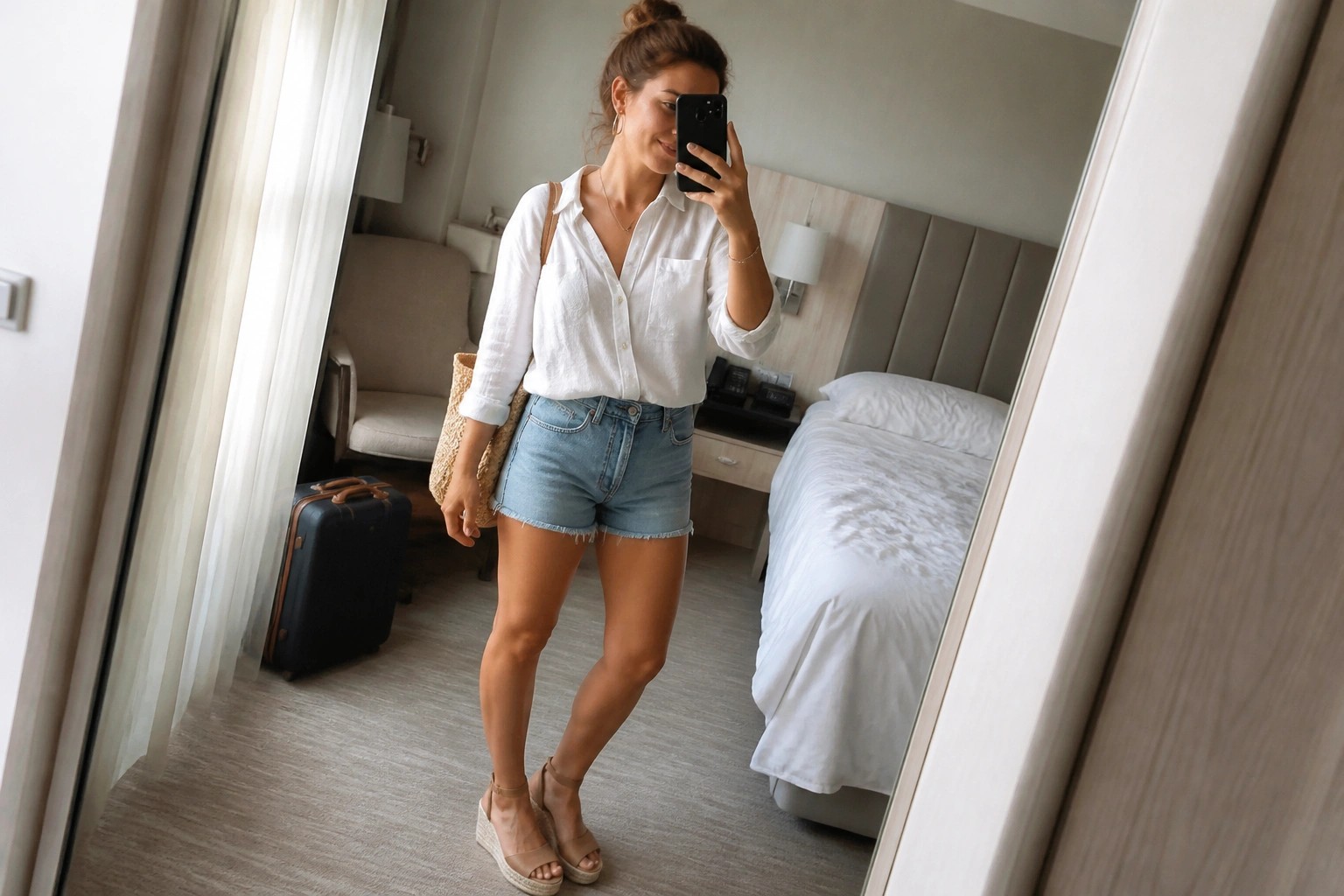 Woman in white shirt and denim shorts taking mirror selfie in hotel room