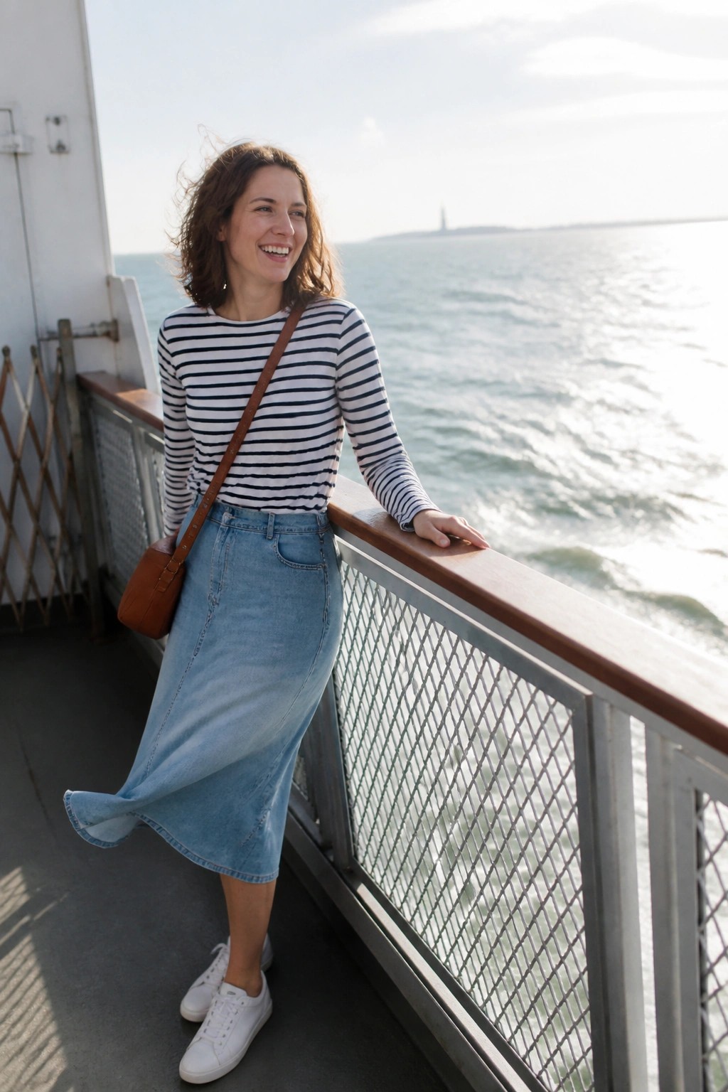 Smiling woman in striped shirt and denim skirt leaning on boat railing over ocean
