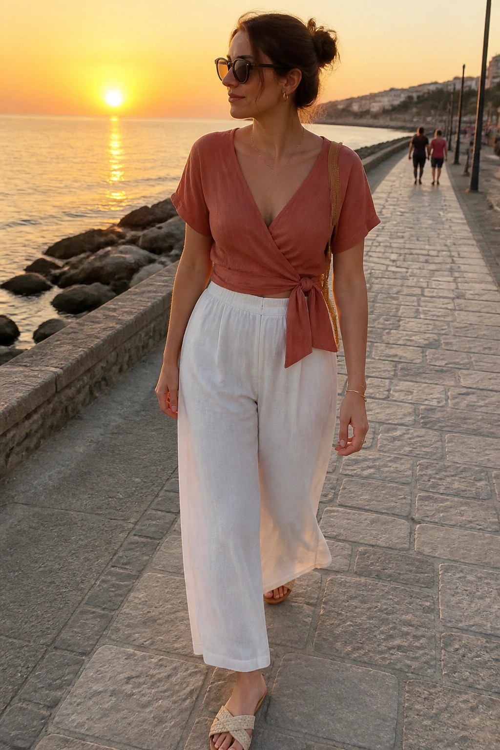 Woman in coral wrap top and white pants on seaside promenade at sunset