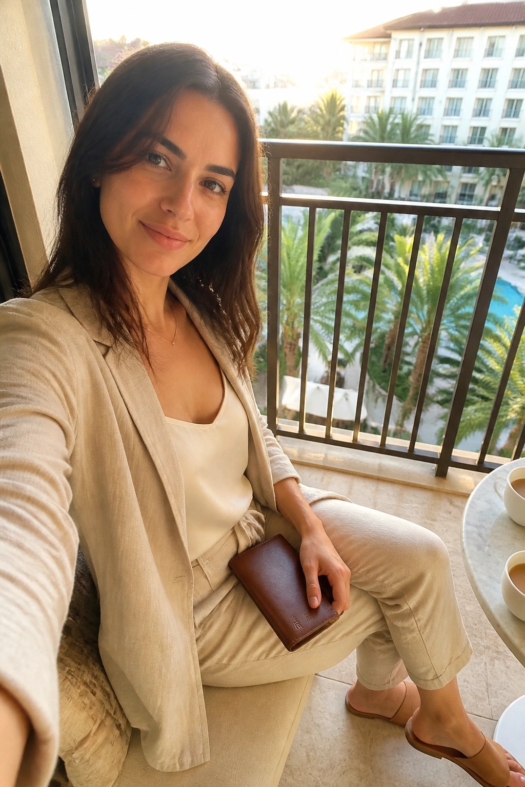Woman in beige blazer holding brown wallet on sunny resort balcony with palms and pool