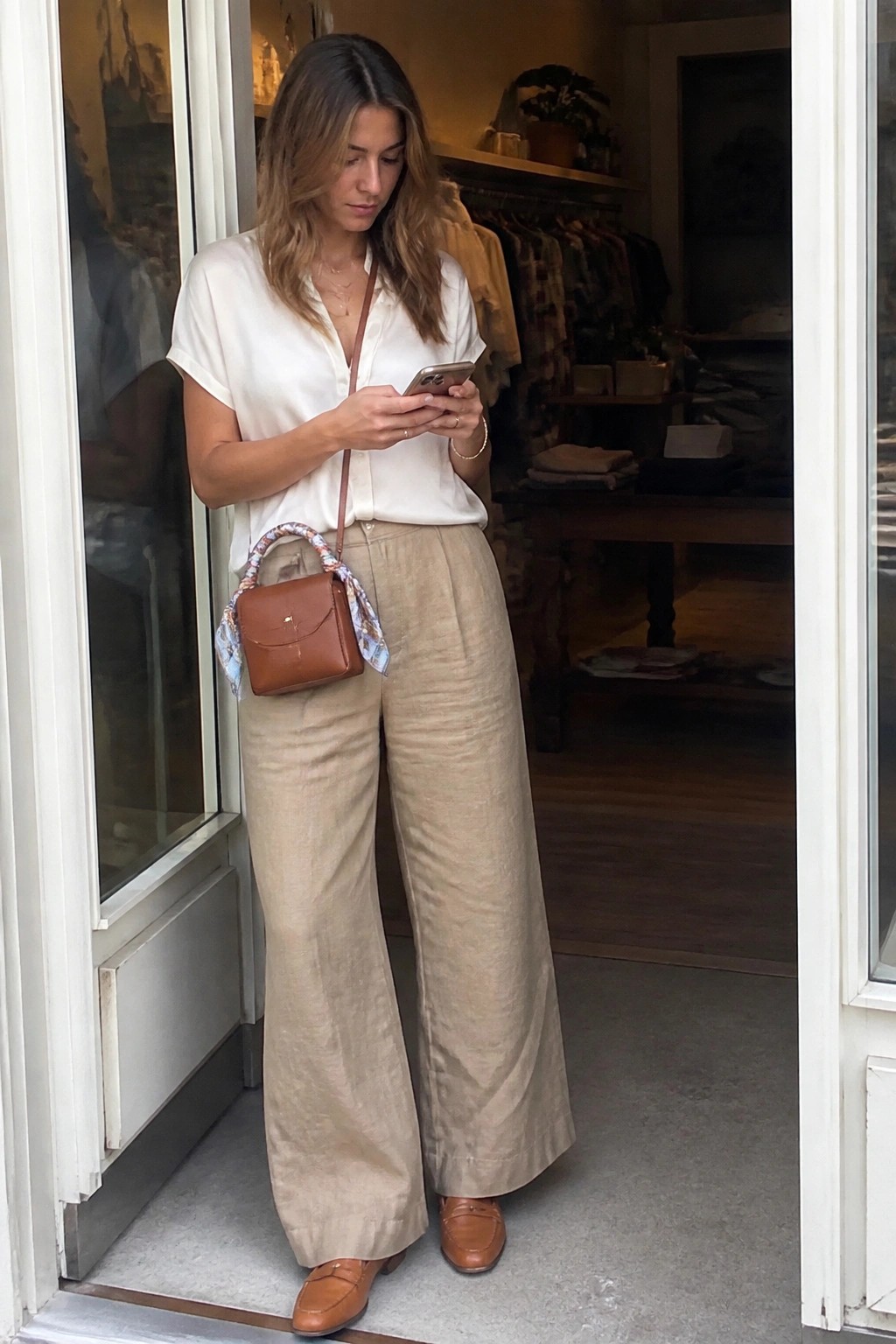 Woman standing in a doorway wearing wide leg beige linen pants, a white short sleeve button up shirt, brown leather loafers, and a small brown crossbody bag with a patterned scarf detail.