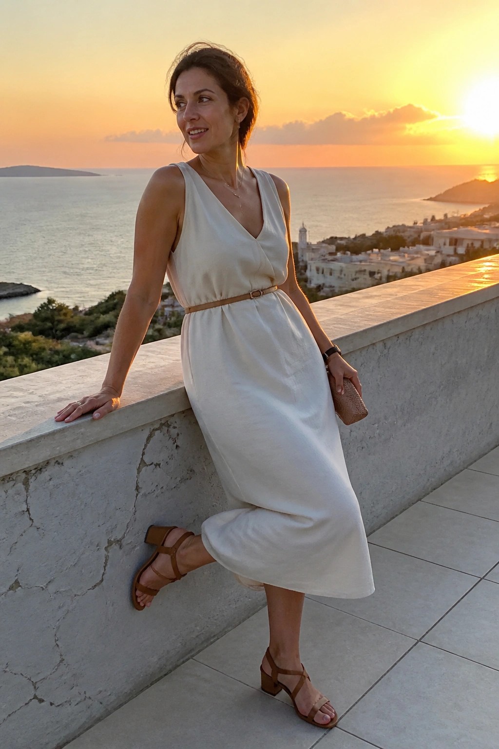 Woman in white dress with brown belt on seaside balcony at sunset
