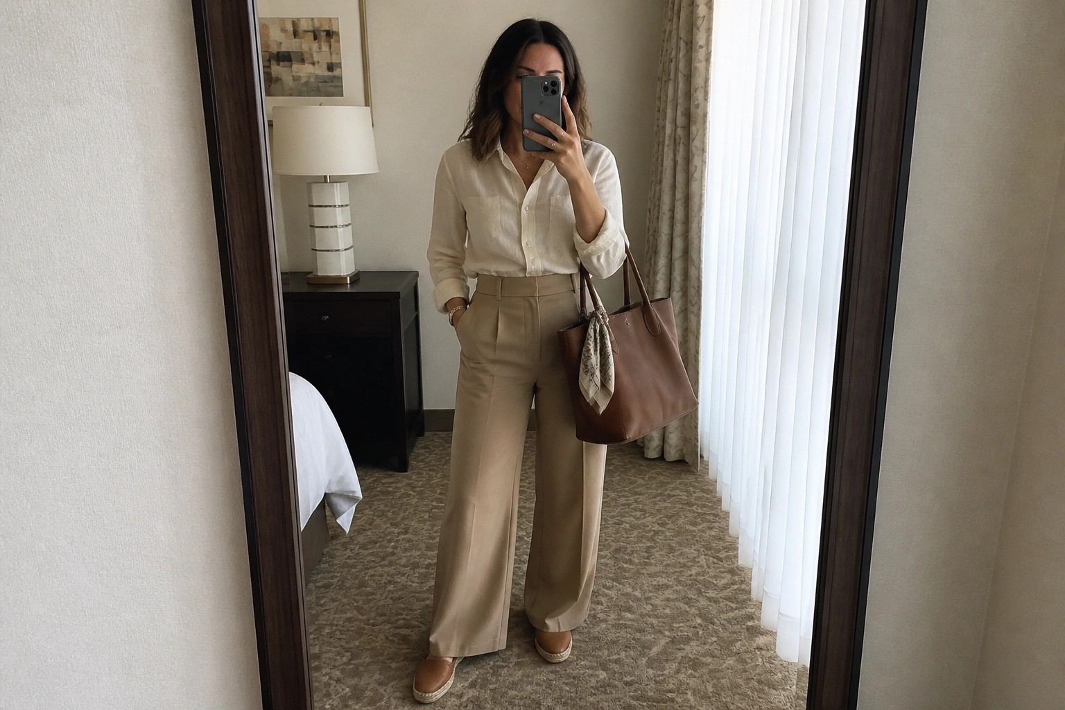 Woman in beige shirt and wide pants holding brown leather tote in mirror selfie
