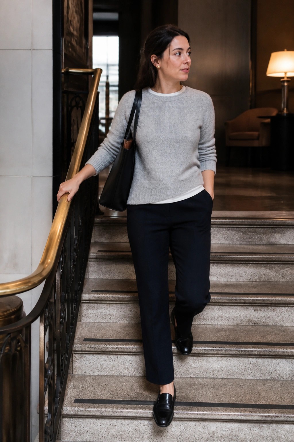 Woman in gray sweater and black pants on marble staircase with handbag