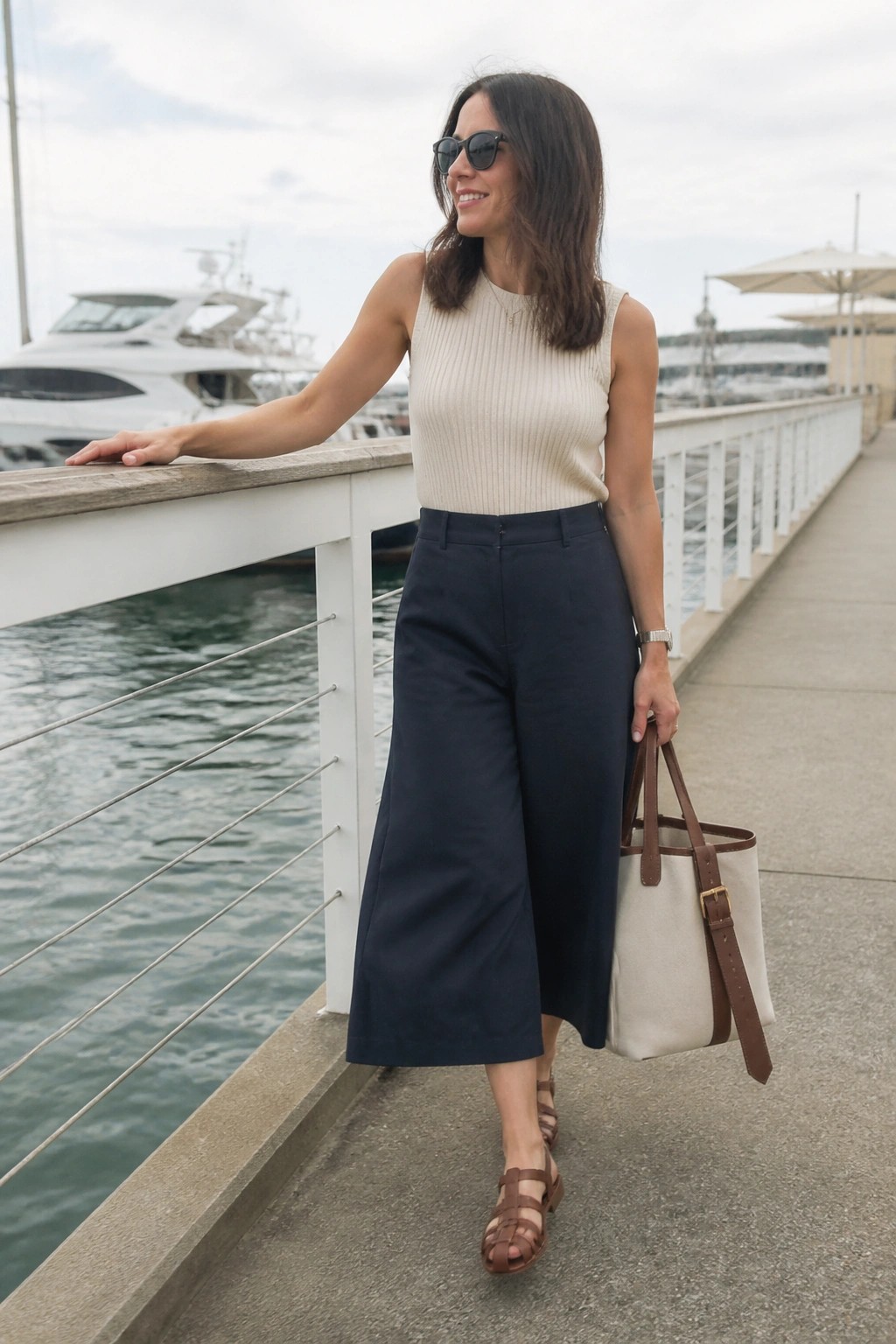 Woman in beige ribbed sleeveless knit tank tucked into navy wide cropped trousers, brown strappy sandals, and canvas tote with brown leather straps standing by a marina railing.