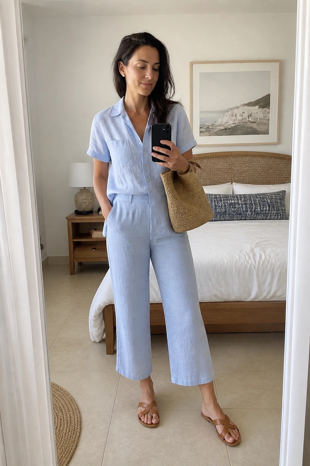 Woman wearing a light blue linen short sleeve button up shirt and matching wide leg cropped pants with brown strappy sandals while holding a phone and textured brown bag in a bedroom setting.