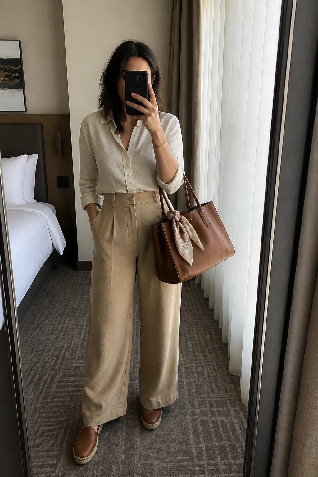 Woman in beige shirt and wide pants holding brown leather tote in mirror selfie