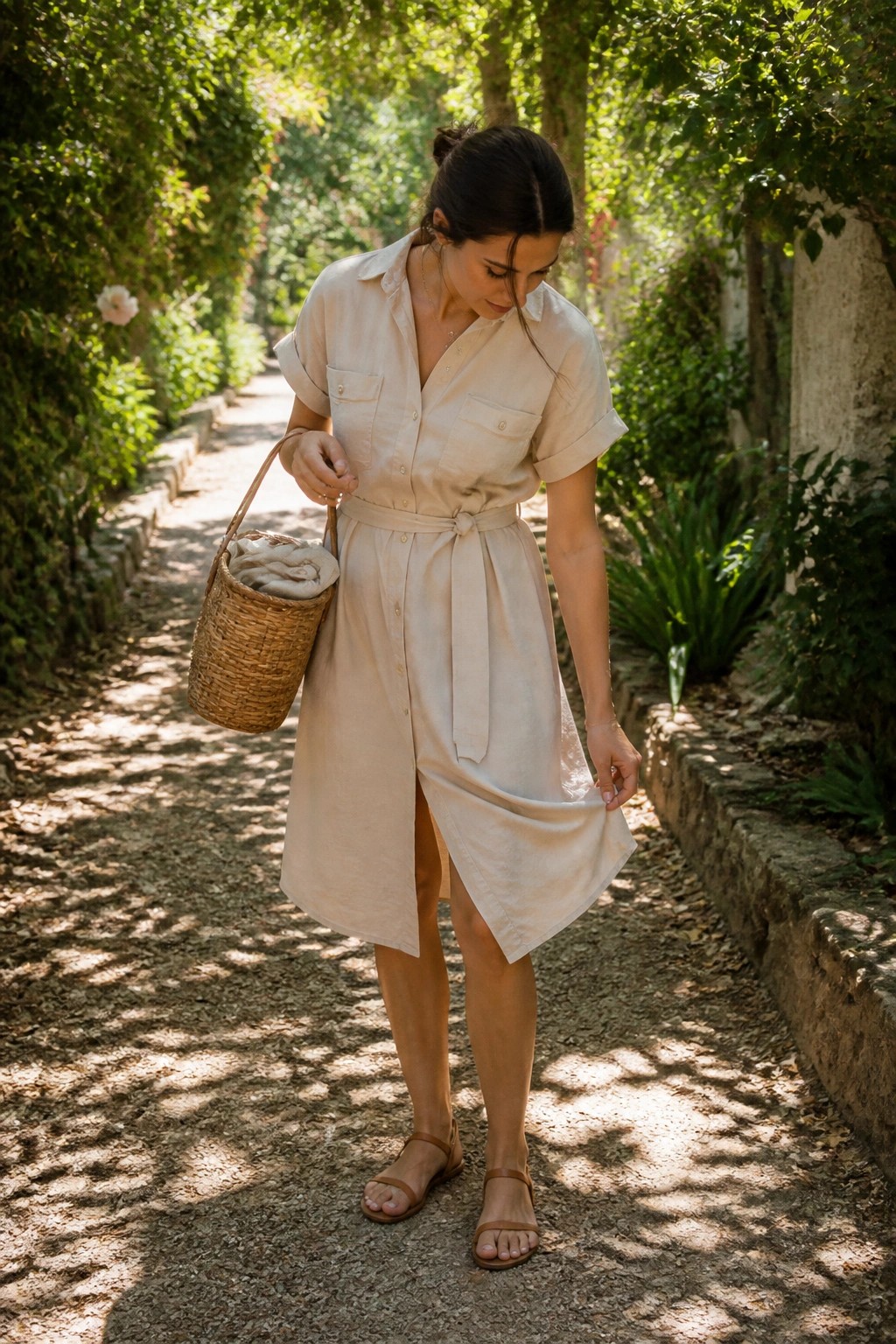 Woman in beige shirt dress carrying wicker basket on sunlit garden path.