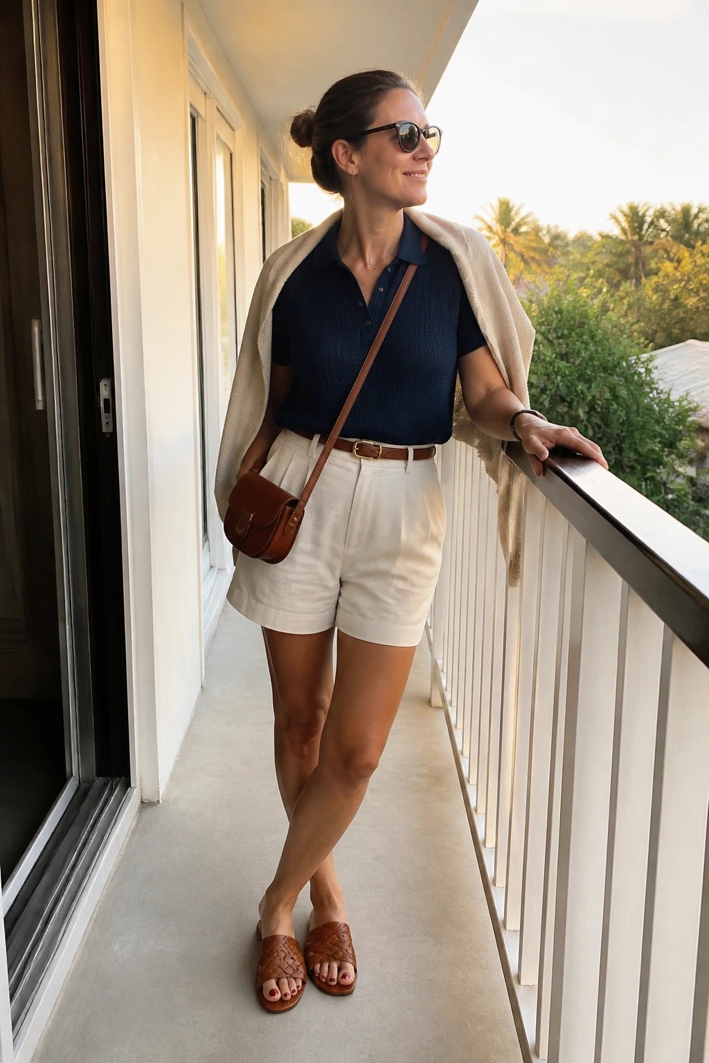 Woman in navy polo, white shorts, and beige shawl on tropical balcony at sunset