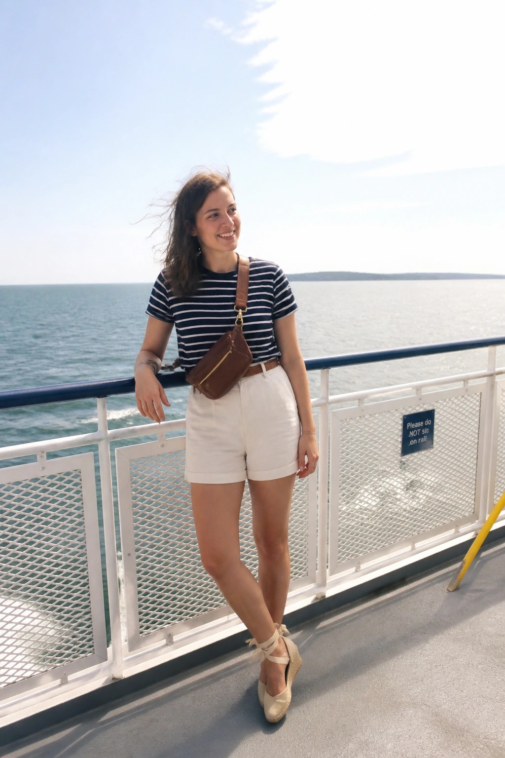 Woman in striped shirt and white shorts leaning on boat railing over water.