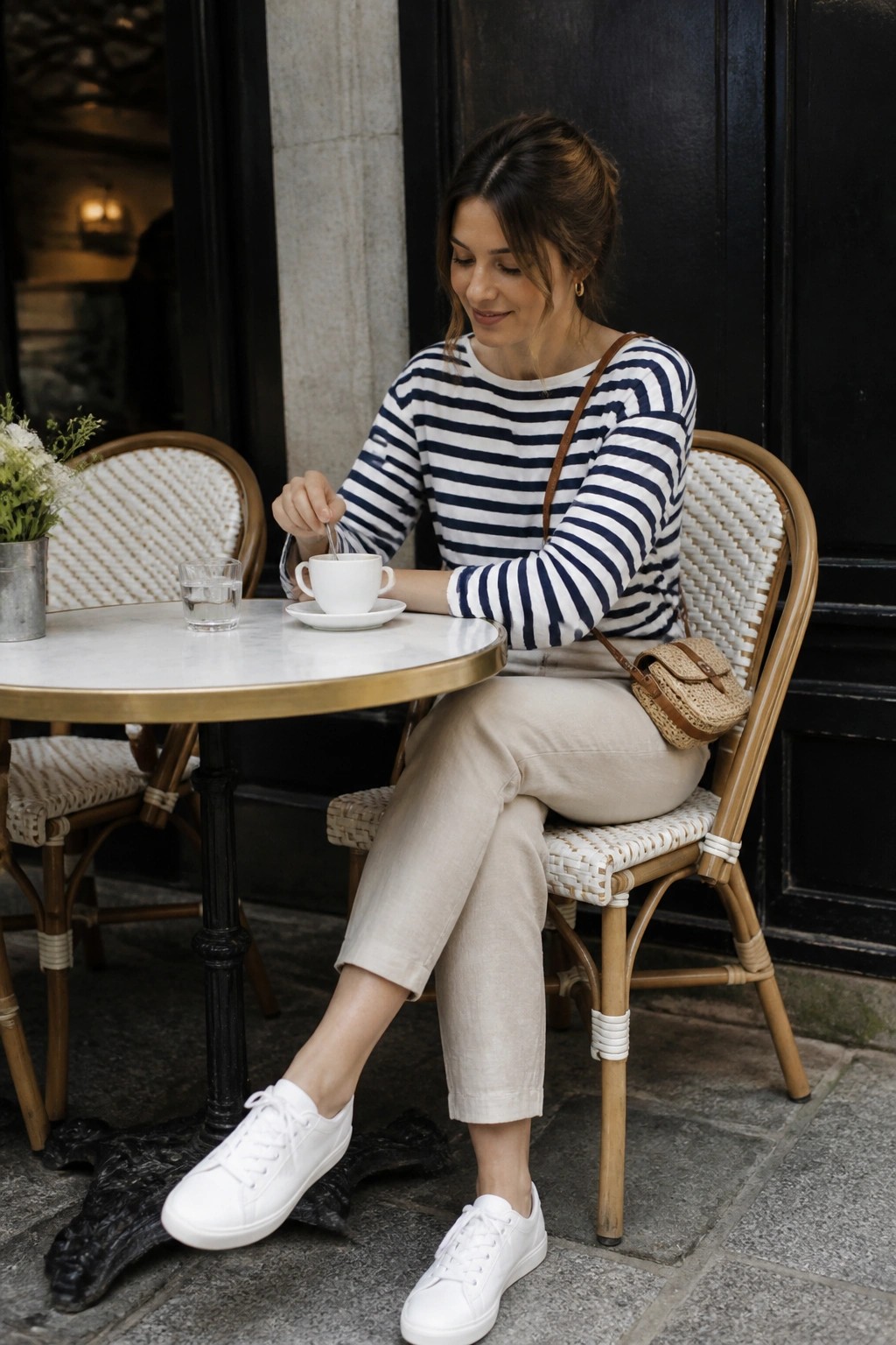 Woman in striped shirt stirring coffee at outdoor marble cafe table
