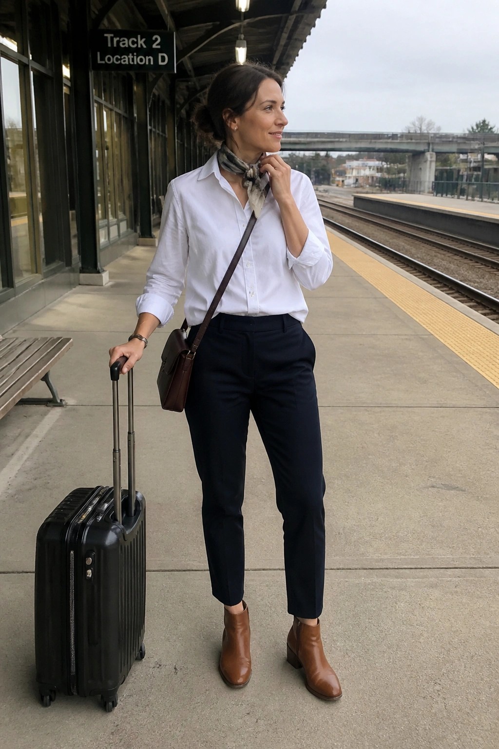 Woman wearing a white button-down shirt tucked into dark trousers with brown ankle boots, a brown crossbody bag, and a patterned scarf at the neck while holding a black rolling suitcase on a train platform.
