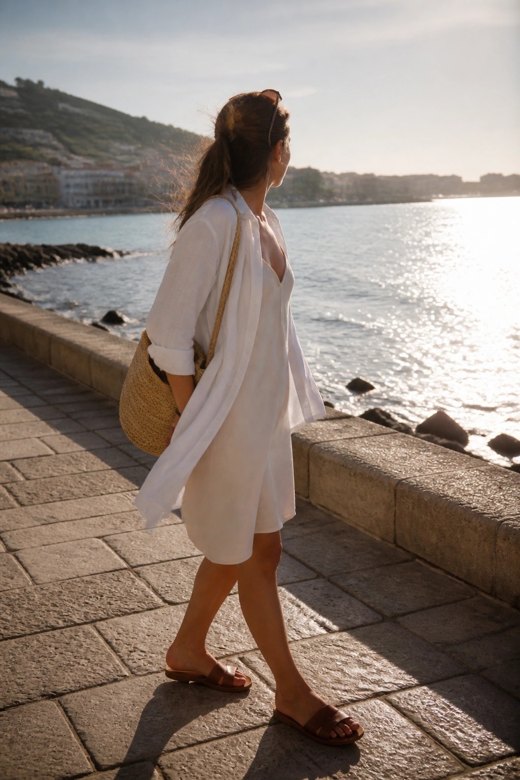 Woman wearing a white slip dress layered under an oversized white button-down shirt with rolled sleeves, brown slide sandals, and a woven straw tote bag with rope strap.