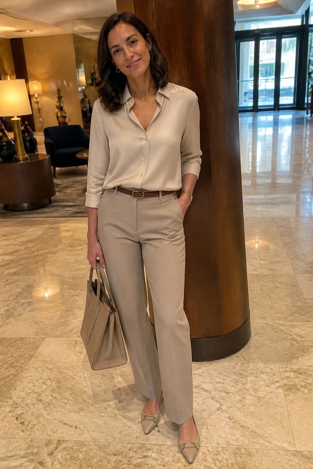 Woman in beige satin blouse and trousers holding handbag in marble lobby