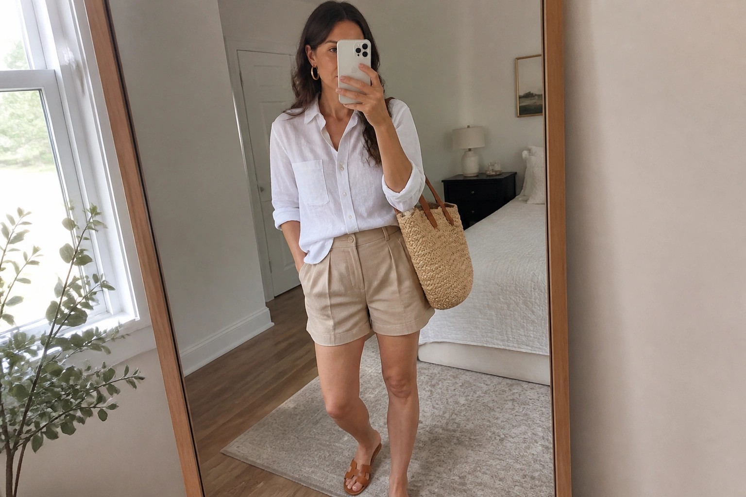 Woman in white shirt and khaki shorts taking mirror selfie in bedroom