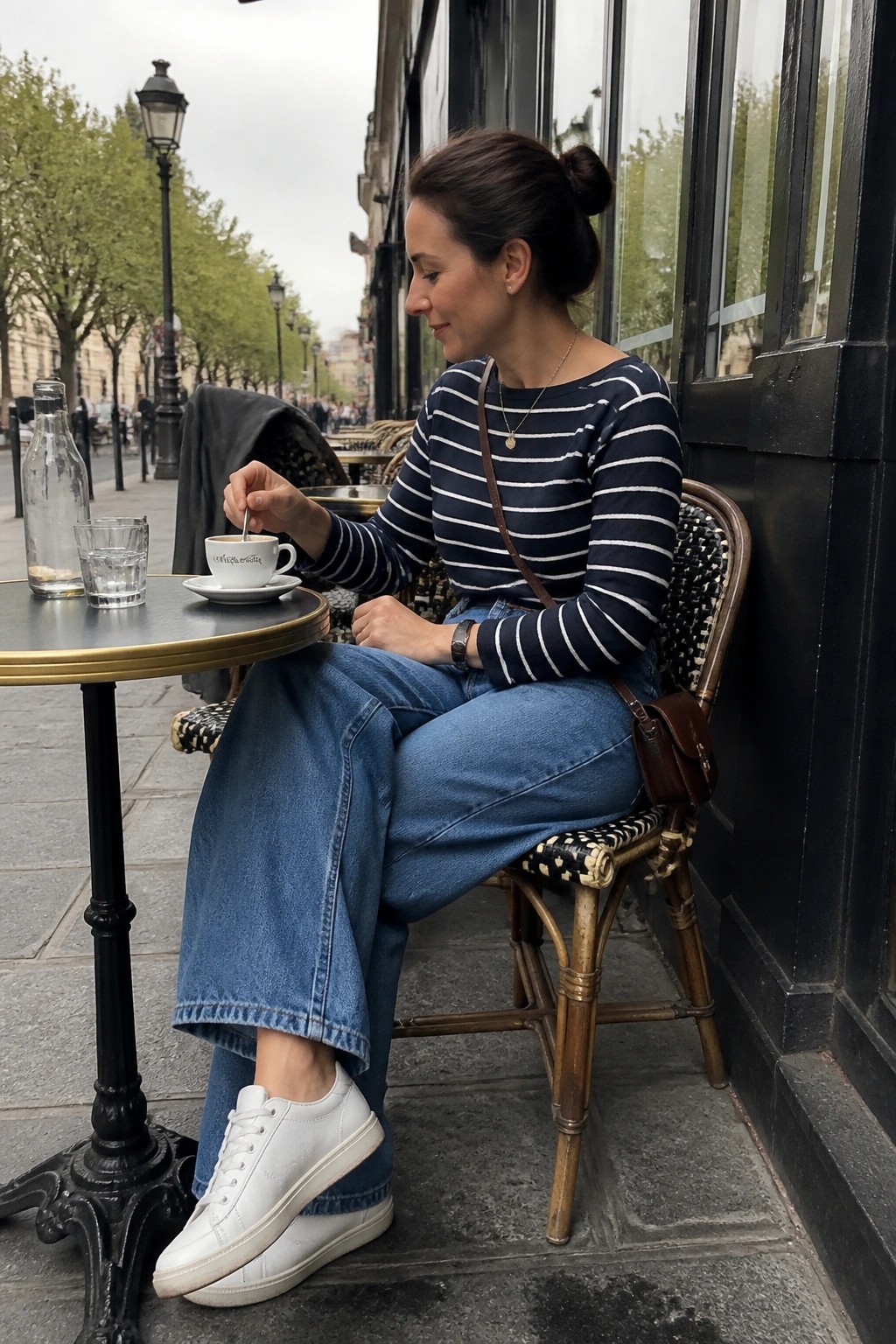 Woman in striped shirt and jeans stirring coffee at sidewalk cafe table