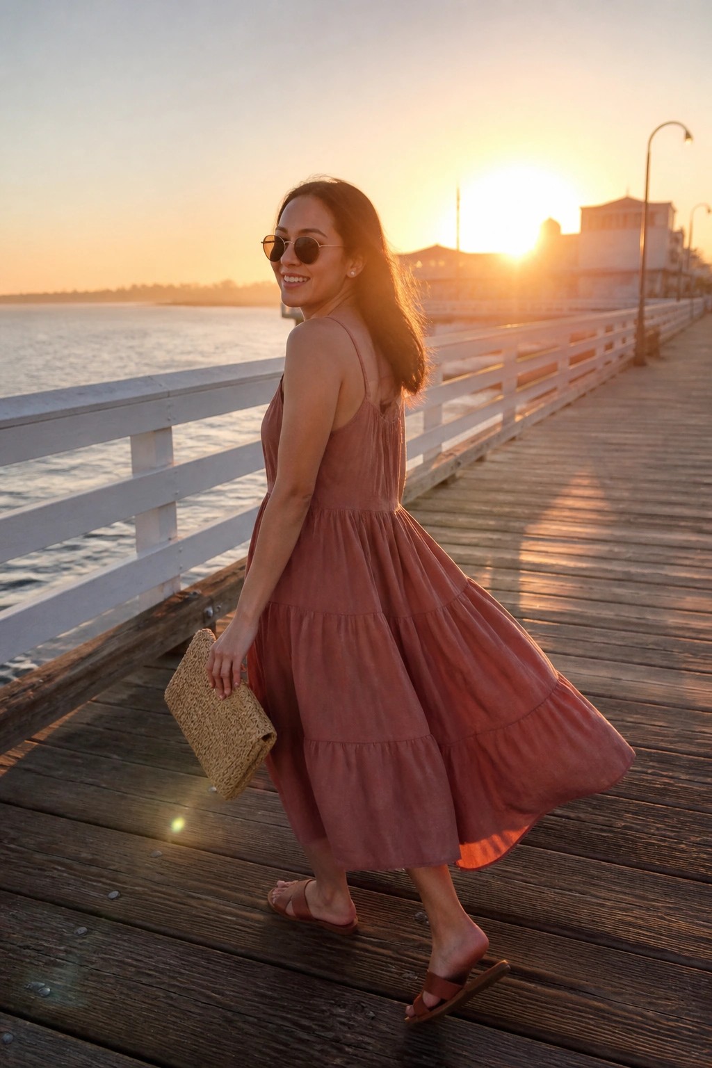 Woman in rose tiered dress walks on sunset pier holding woven clutch.
