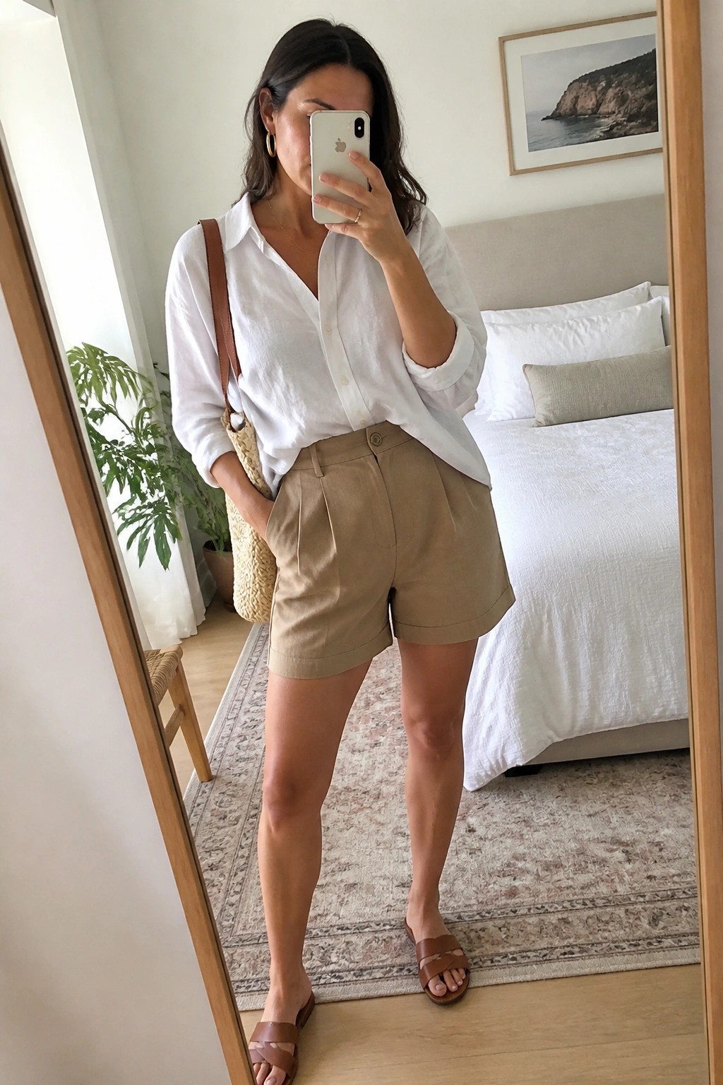 Woman in white shirt and khaki shorts taking mirror selfie in bedroom