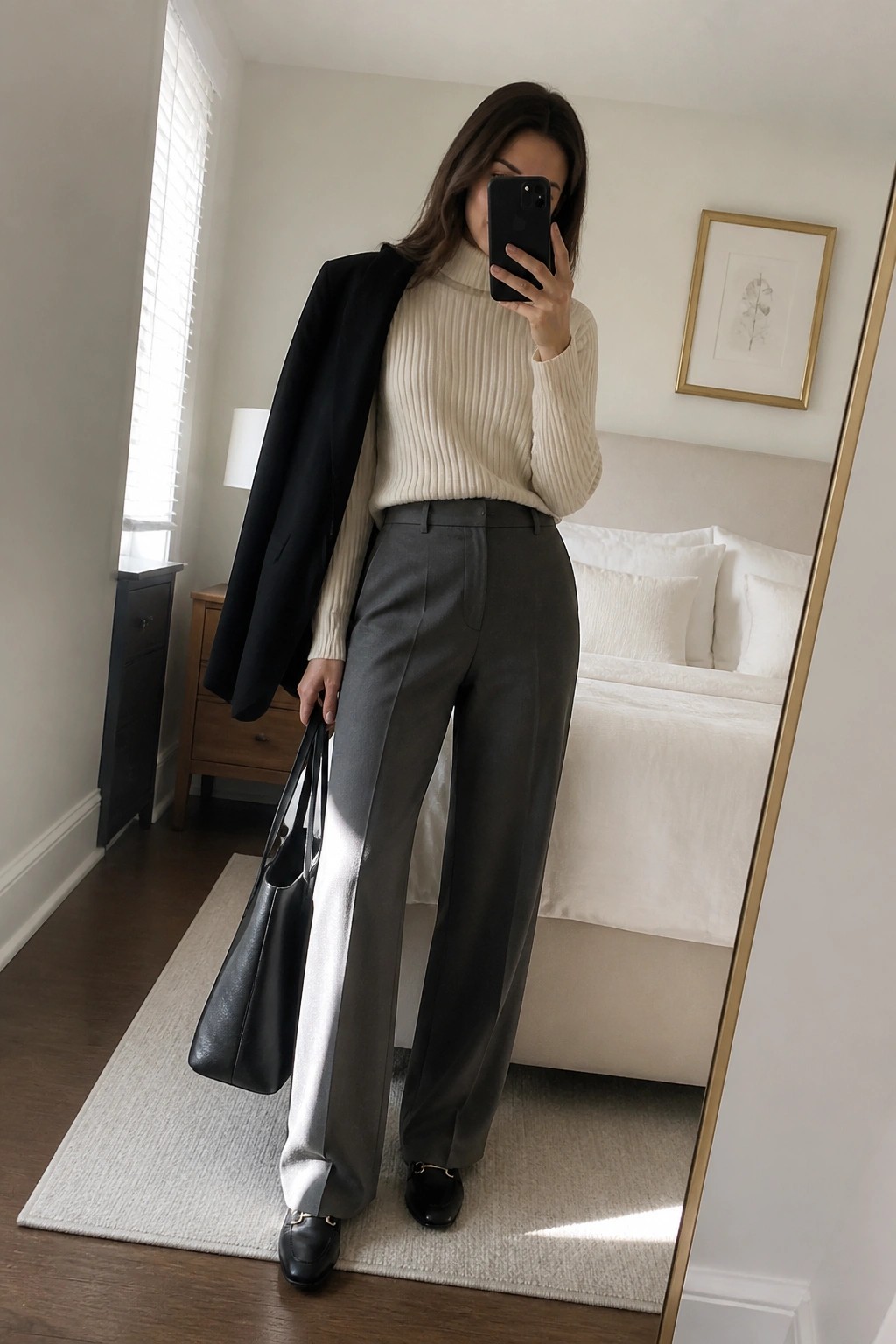 Woman in cream turtleneck and gray trousers with black blazer and tote bag