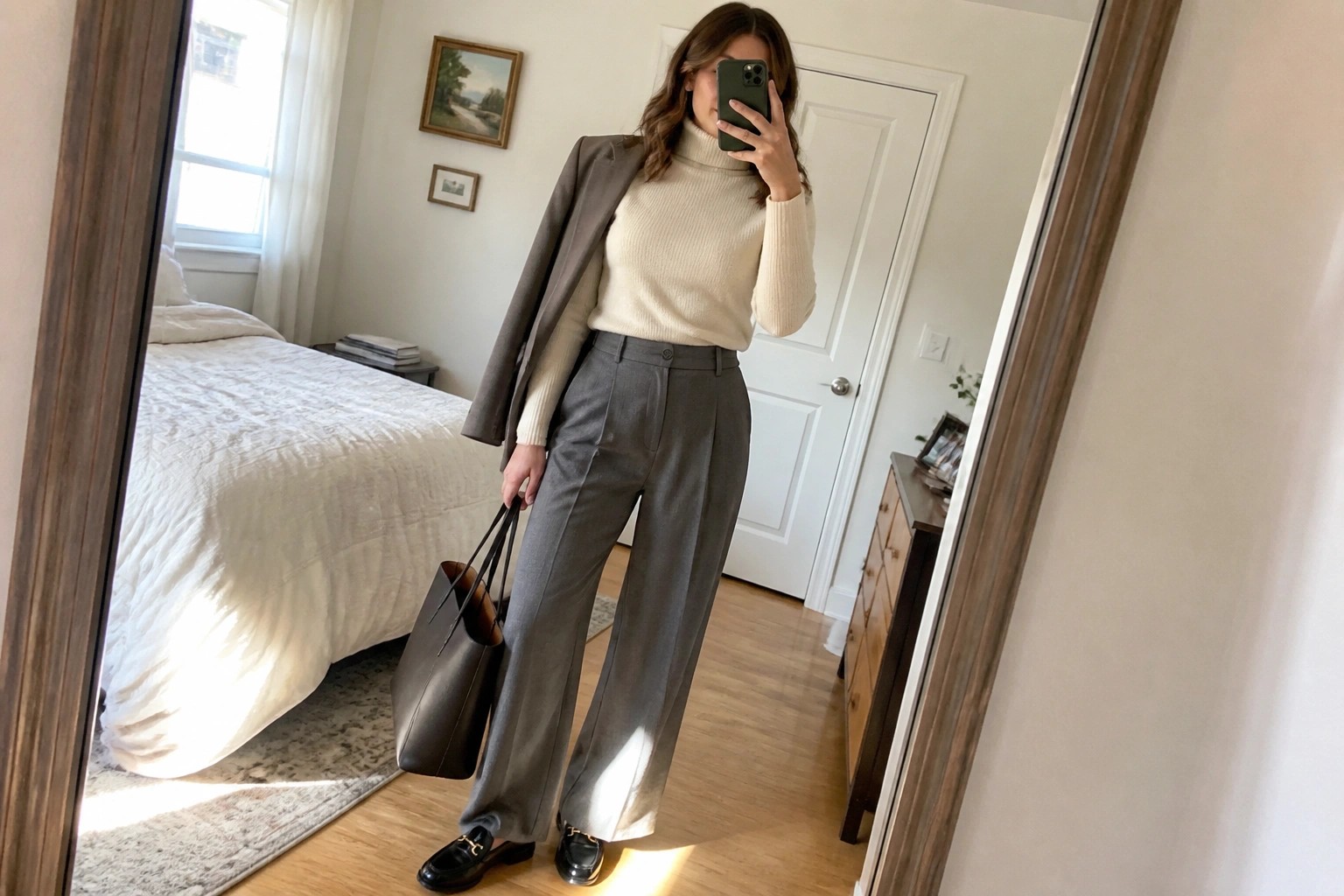 Woman in cream turtleneck and gray trousers with black blazer and tote bag
