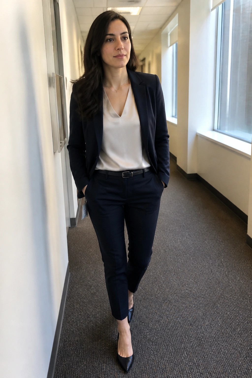 Woman in navy pantsuit and white blouse in office hallway