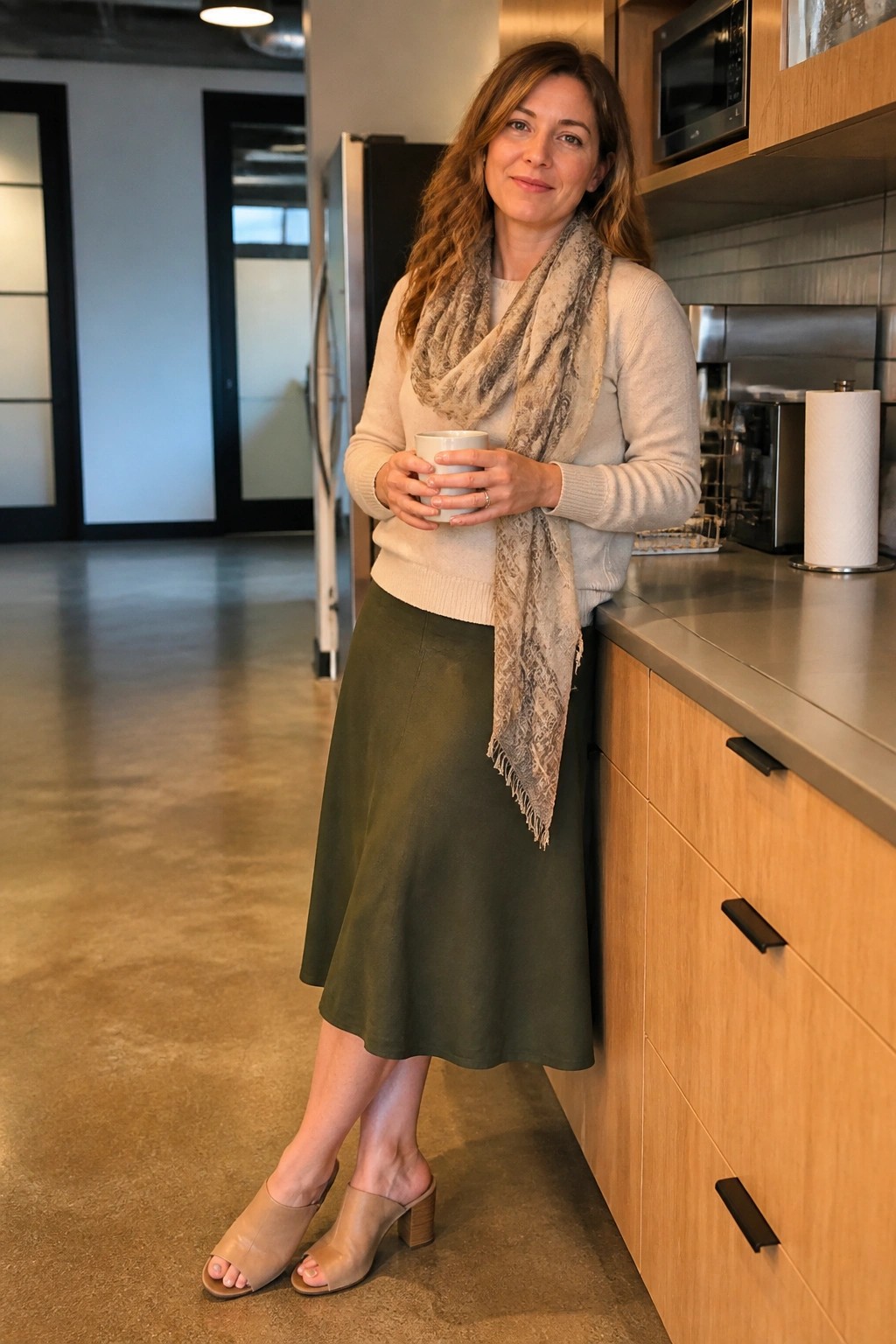 Woman in beige sweater and green skirt holds mug in modern kitchen
