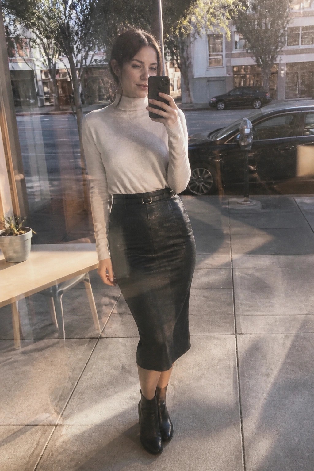 Woman wearing cream turtleneck sweater tucked into black leather midi skirt with belt and black ankle boots while taking mirror selfie