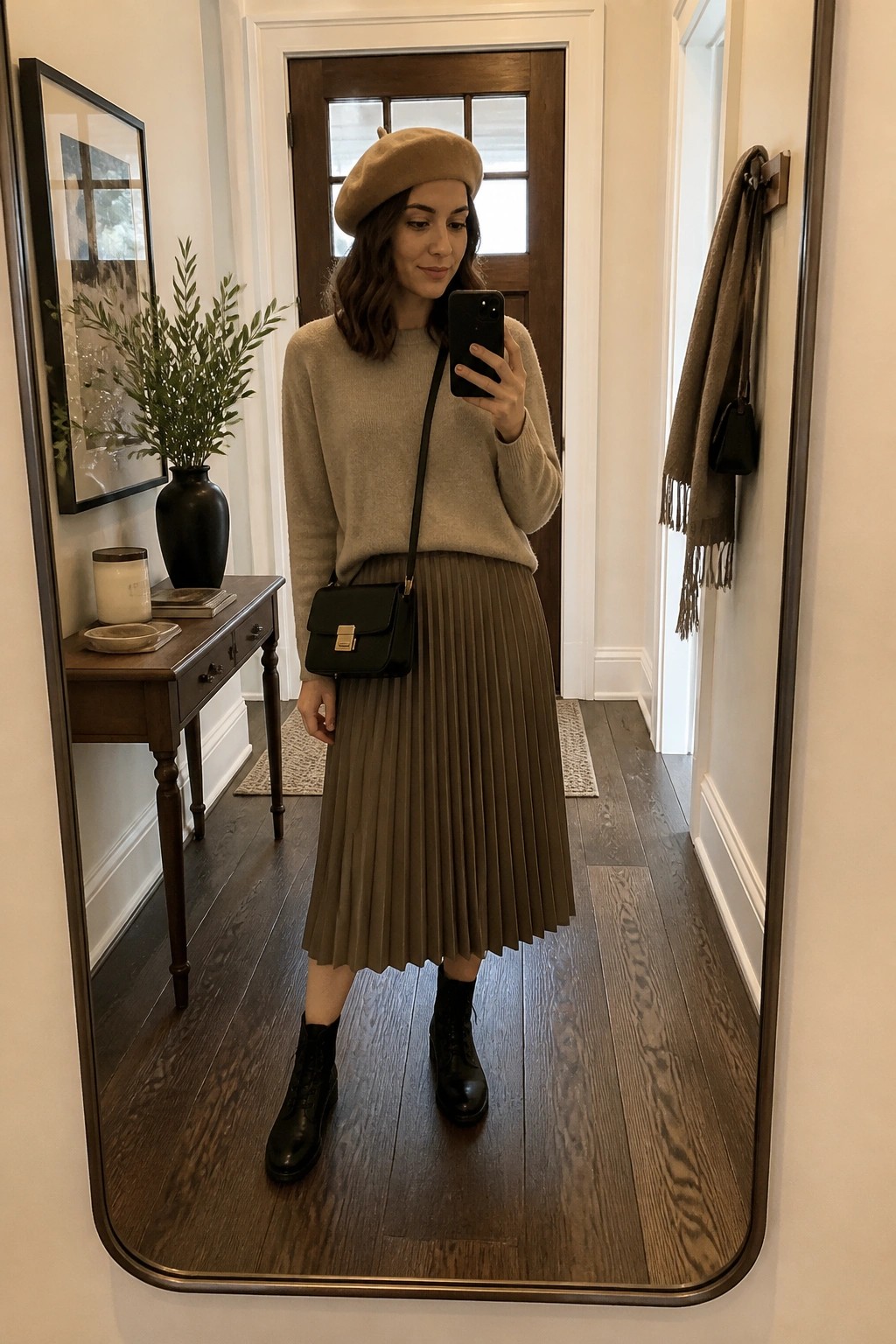Woman in beige beret, sweater, and pleated skirt taking mirror selfie