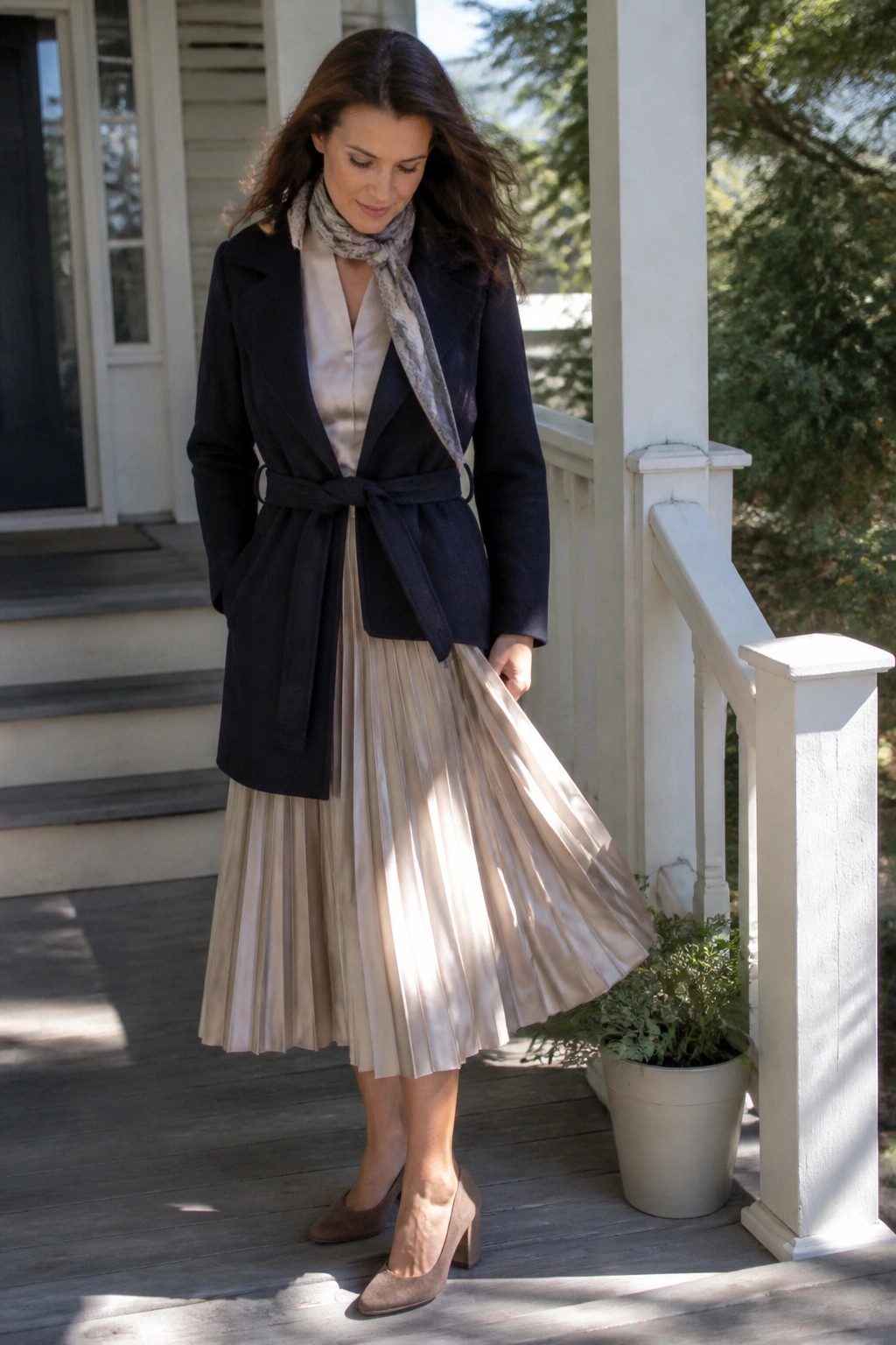 Woman in navy coat and pleated beige skirt on white wooden porch