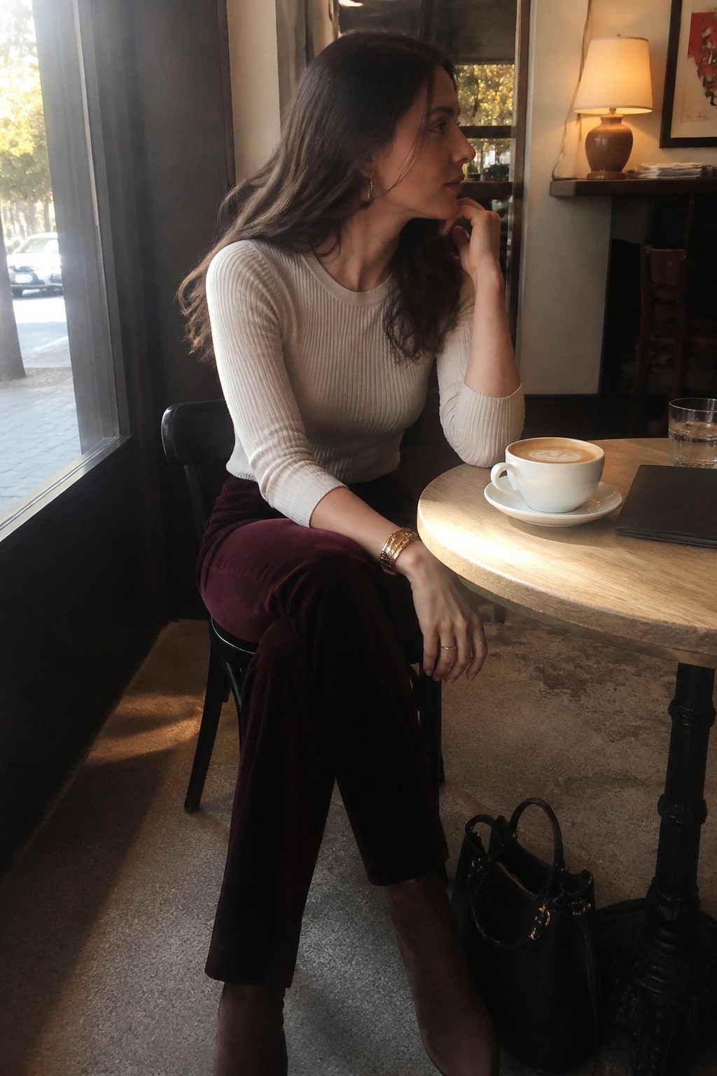 Woman in beige sweater and maroon velvet pants at cafe table with coffee.