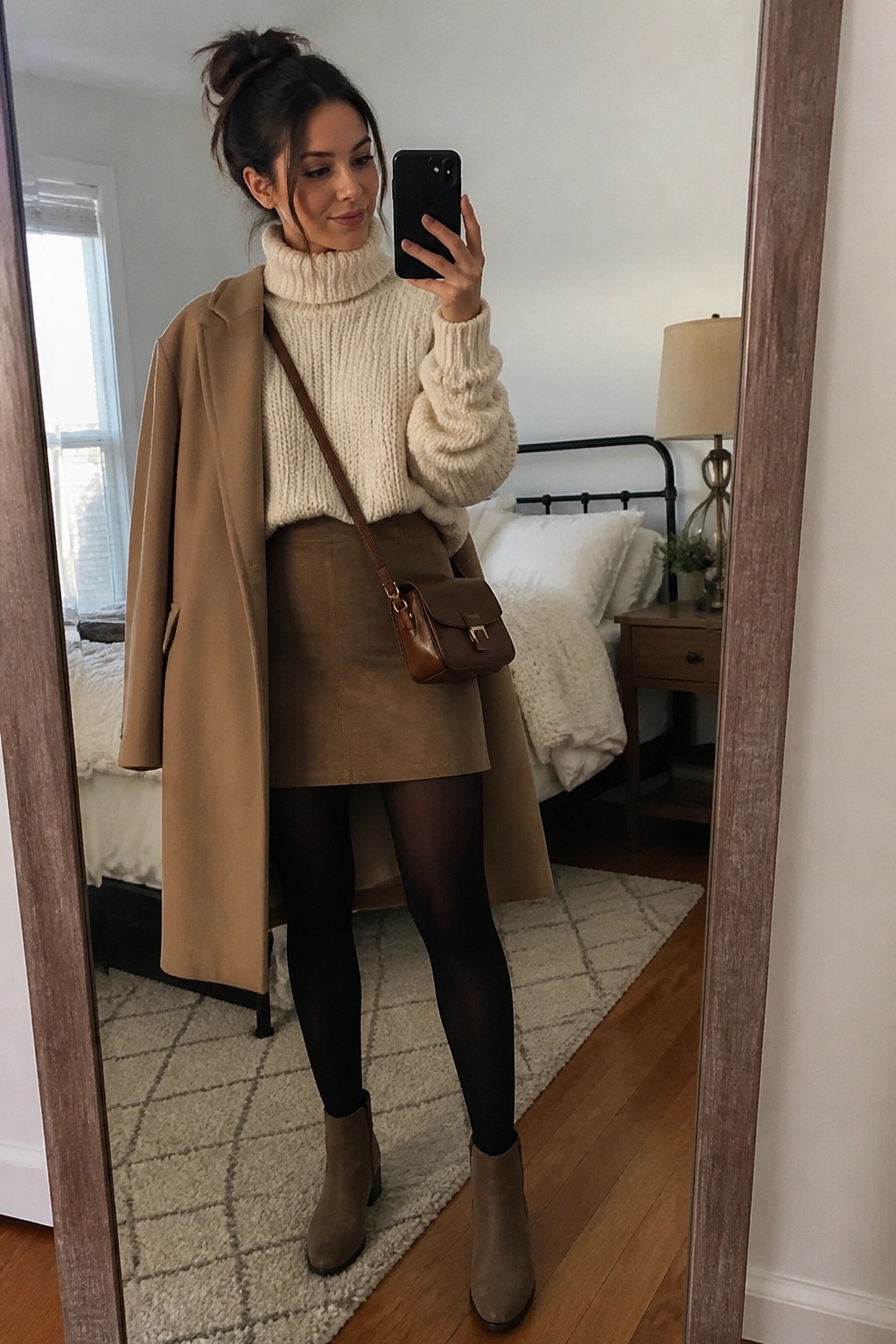 Woman in camel coat over cream sweater and brown skirt taking bedroom mirror selfie