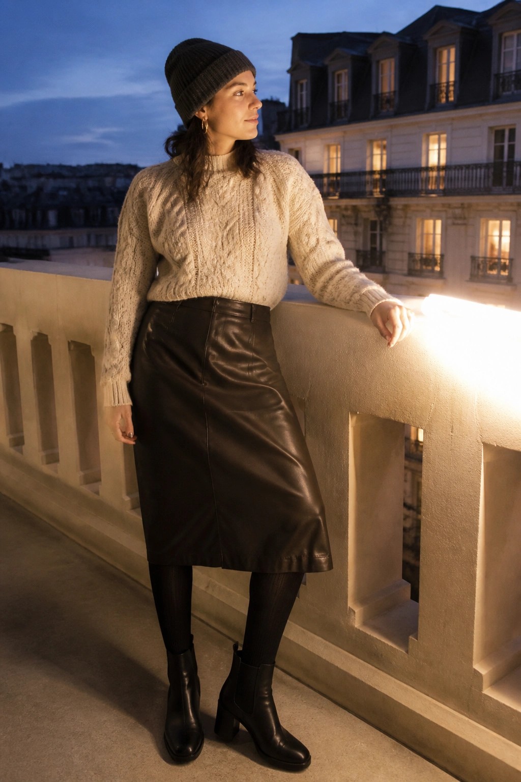 Woman in cream cable-knit sweater and black leather skirt on dusk balcony