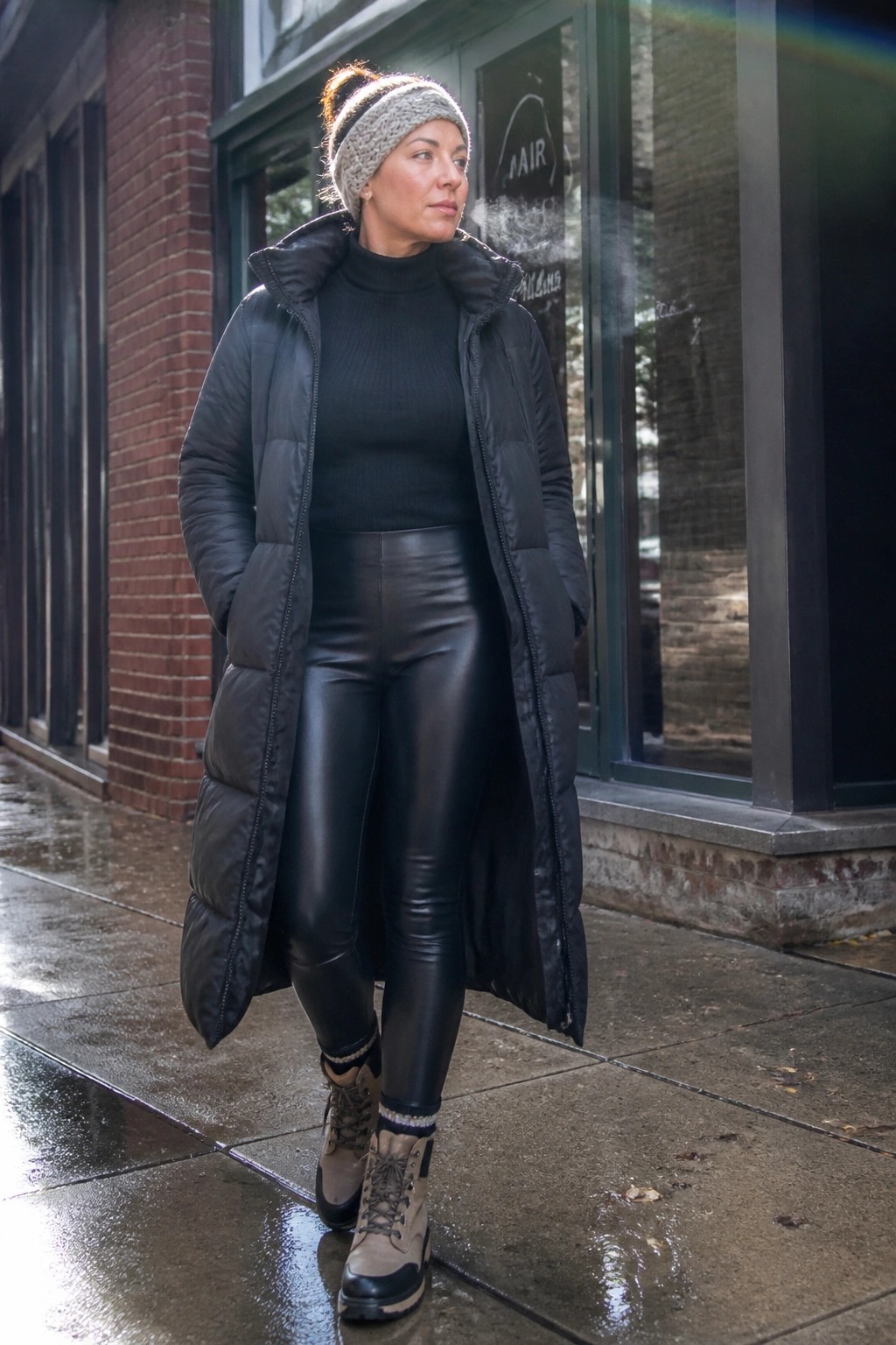 Woman in black puffer coat, leather leggings, knit hat, and boots on wet sidewalk