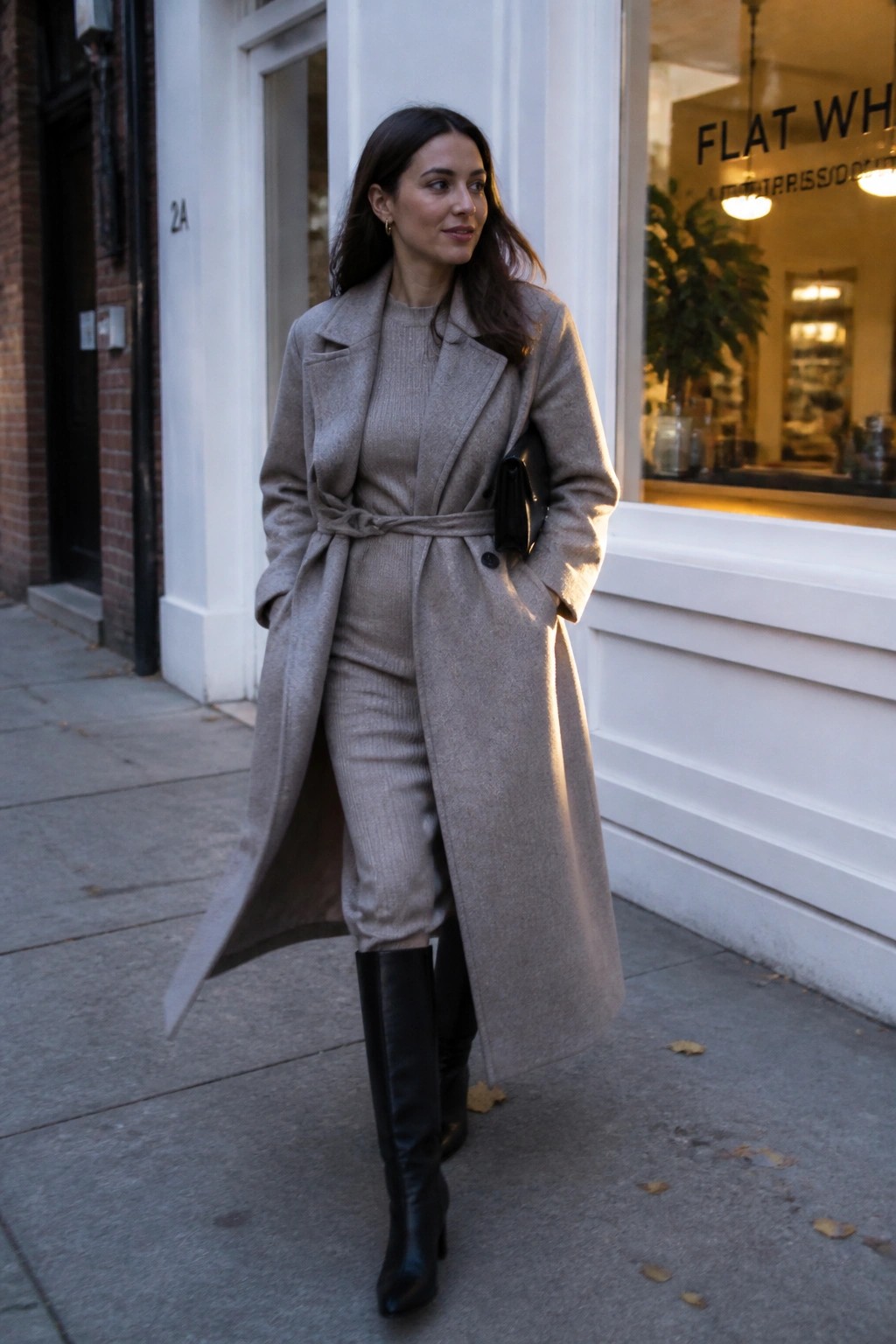 Woman in belted beige coat and black boots on city sidewalk