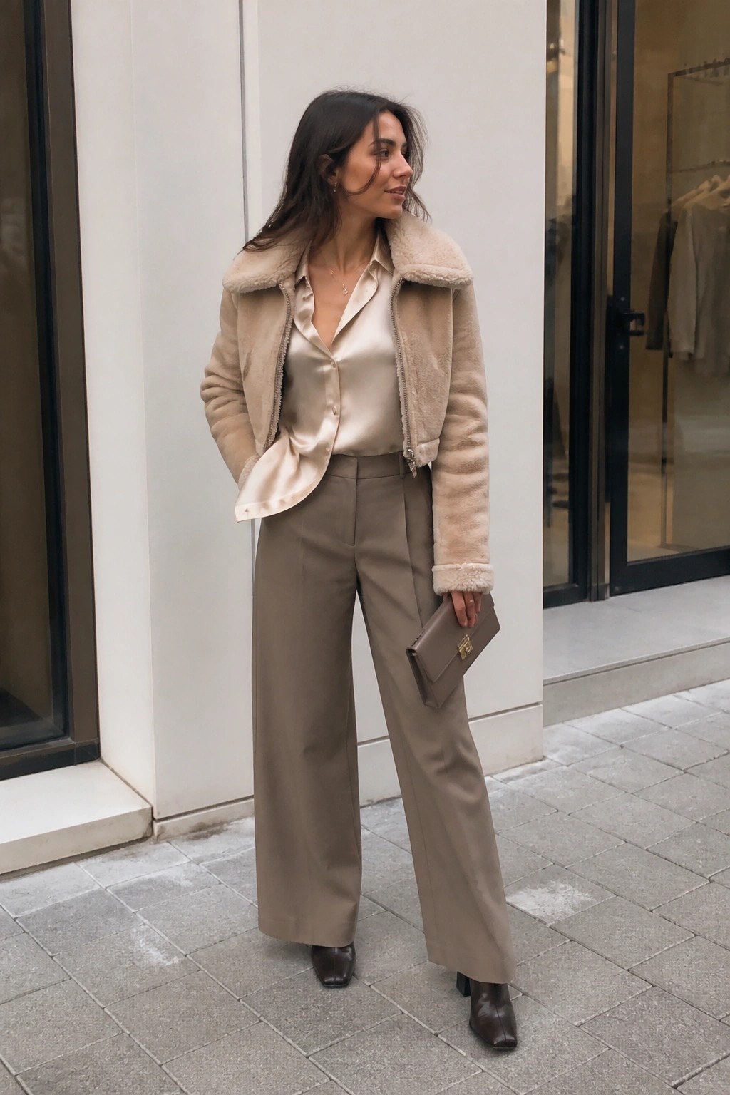 Woman in beige shearling jacket, satin blouse, and wide-leg trousers on sidewalk
