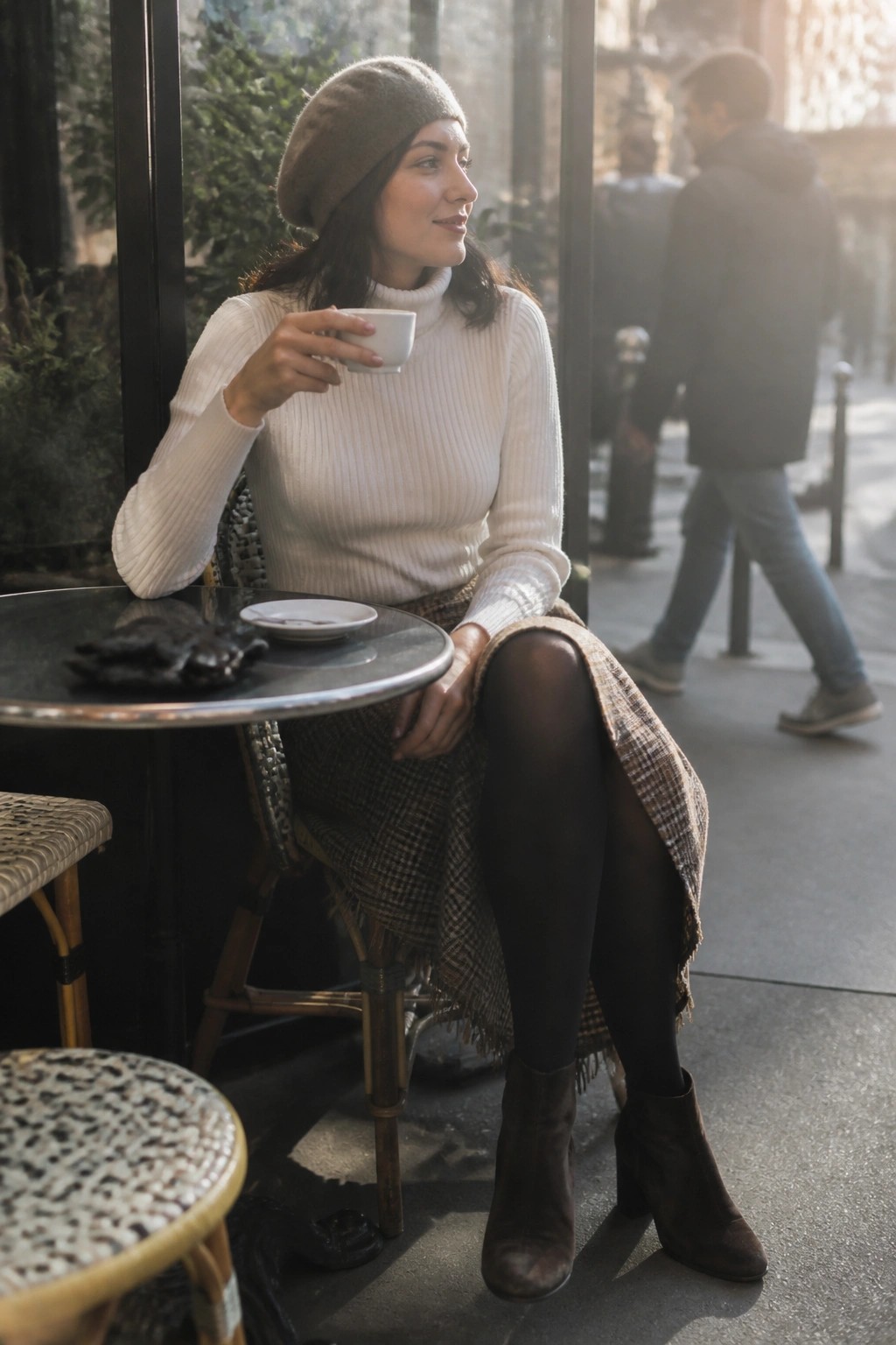 Woman wearing white ribbed turtleneck sweater brown beret plaid midi skirt black tights and brown suede ankle boots while seated at a round table holding a white coffee cup
